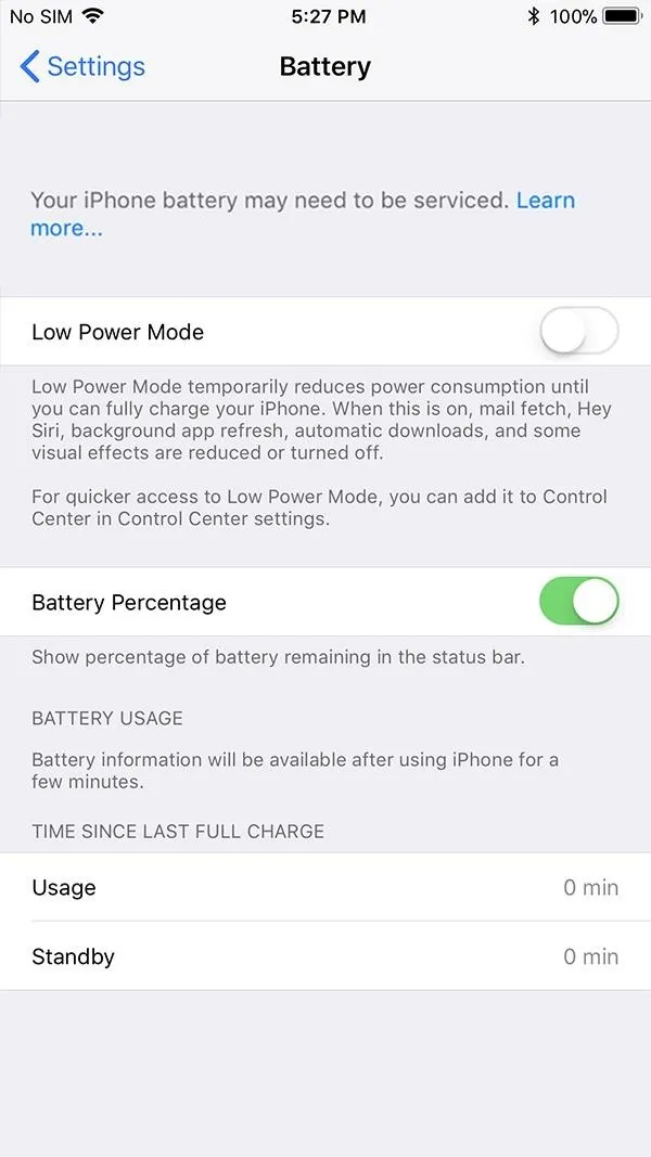 Battery settings screen on a smartphone.