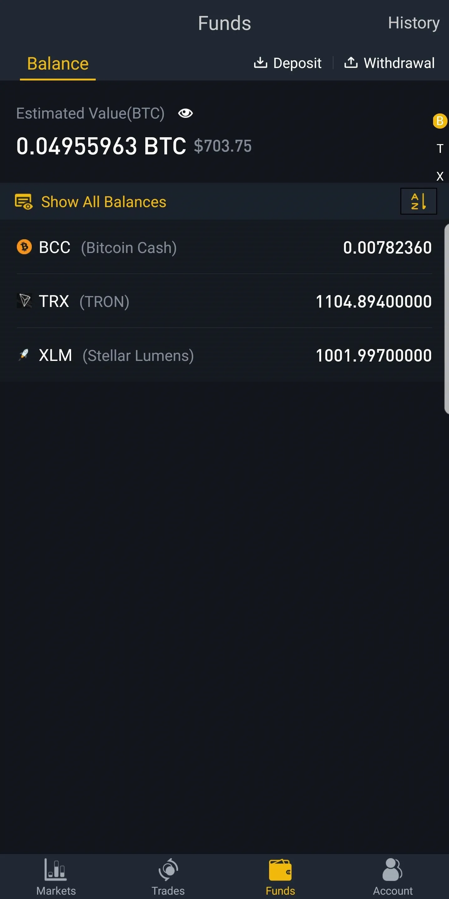 Cryptocurrency wallet interface displaying balances for BTC, ETH, and LTC.