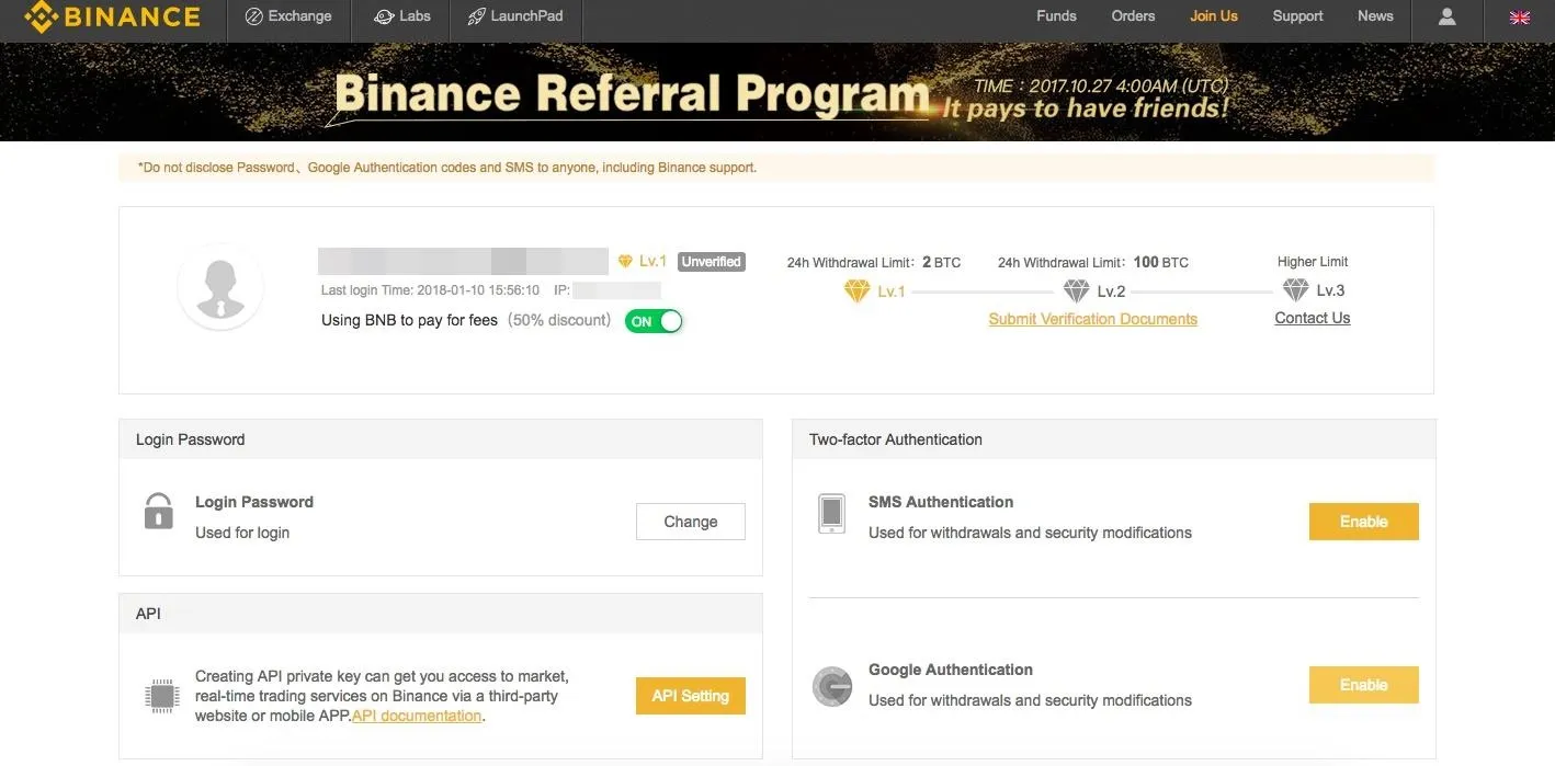 Binance referral program login page with user information and referral options.