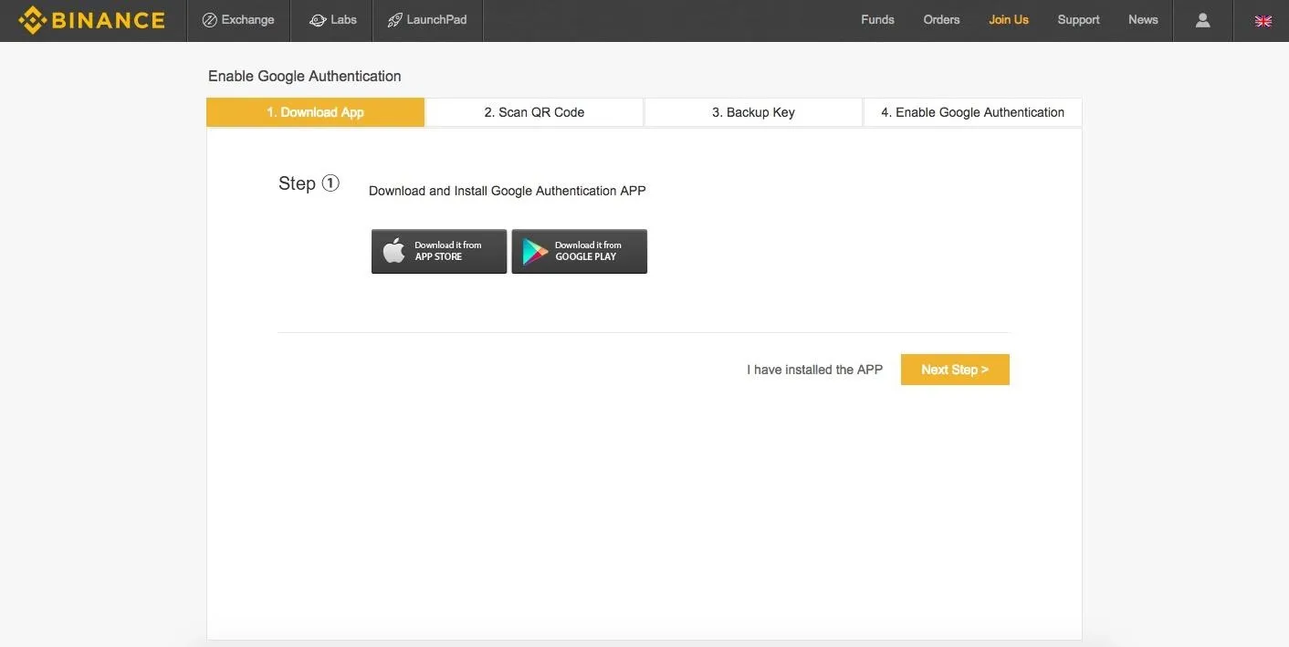 Create Google Authentication page with download buttons for iOS and Android apps.