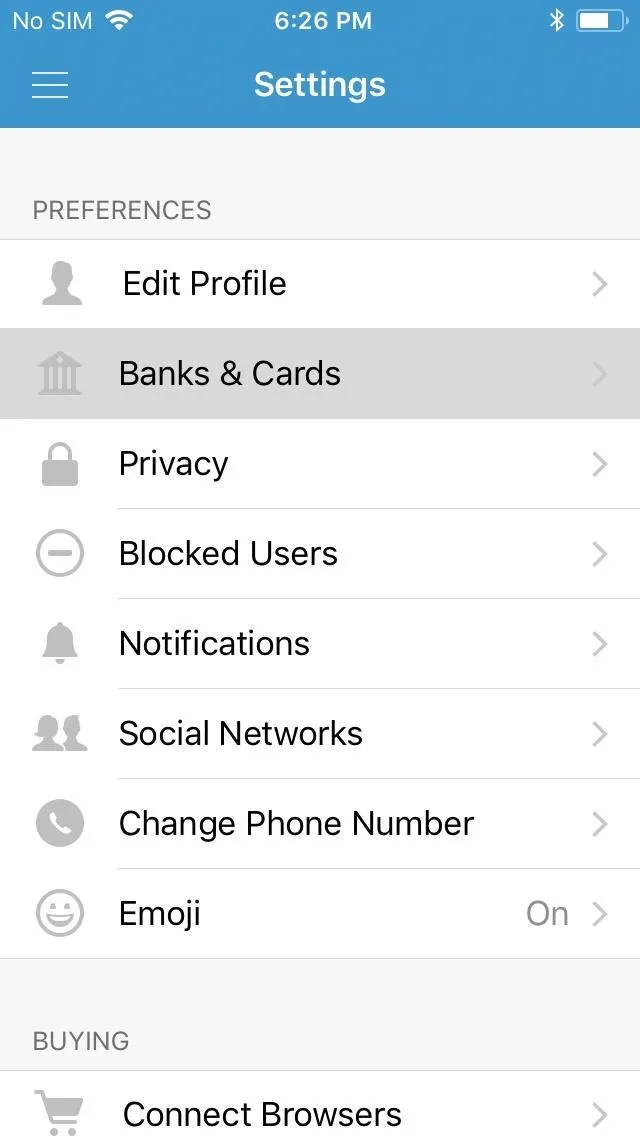 Settings menu with options for editing profile, managing basic and card settings, privacy, blocked users, notifications, social networks, and connecting phone number.