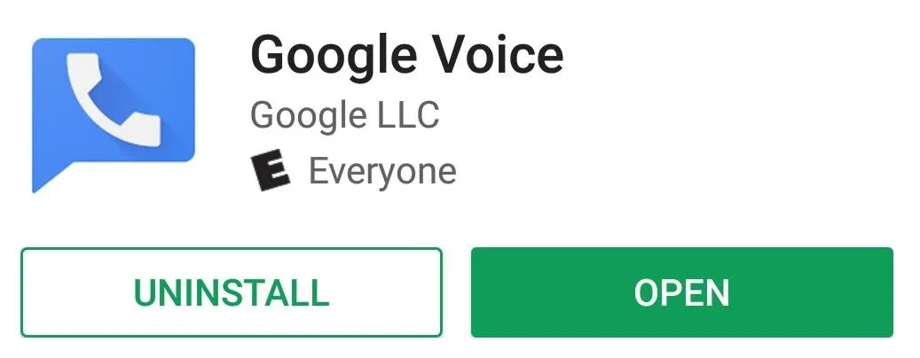 Google Voice app interface with options to uninstall or open.