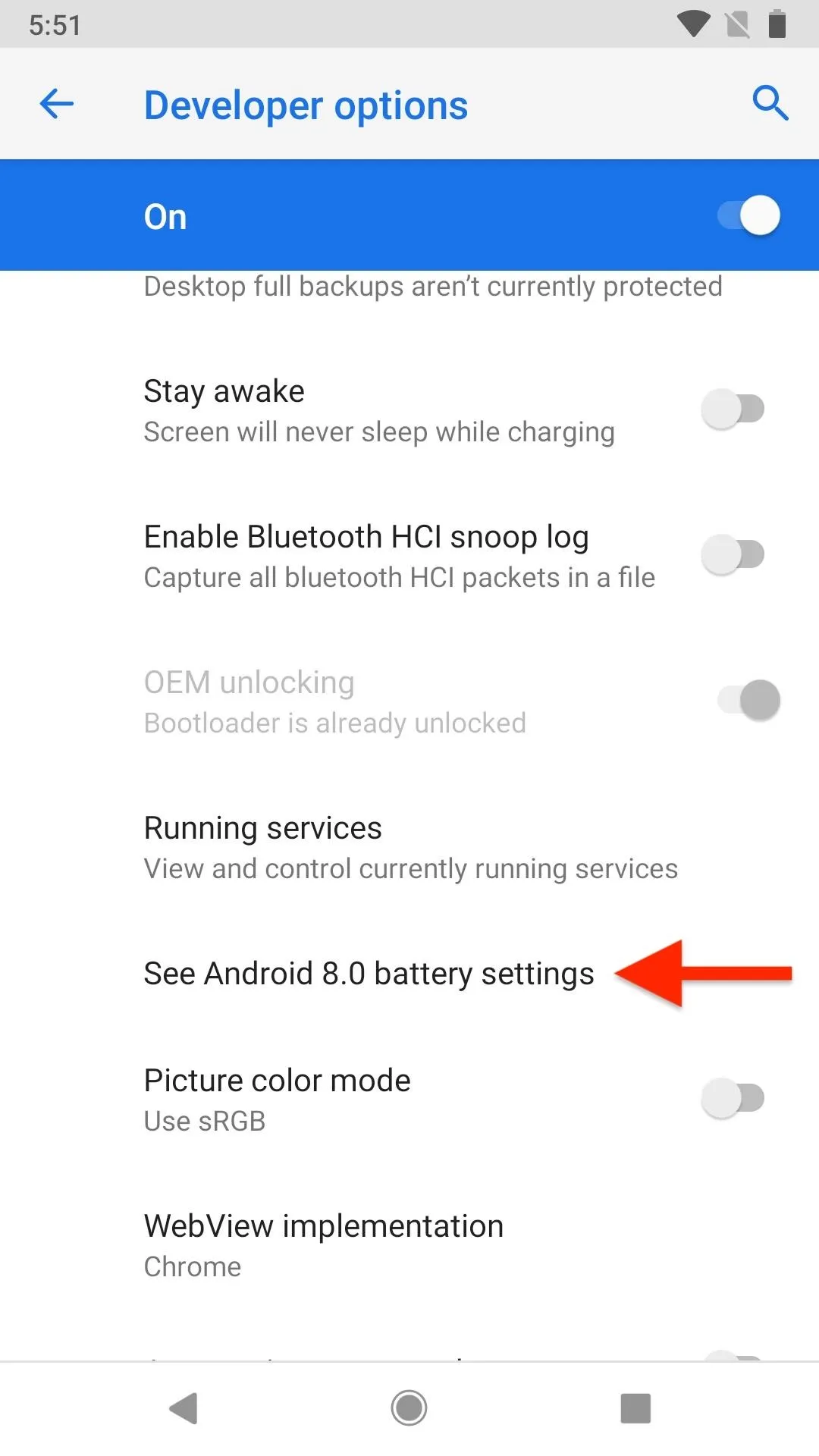 Developer options screen on a mobile device with a focus on battery settings.