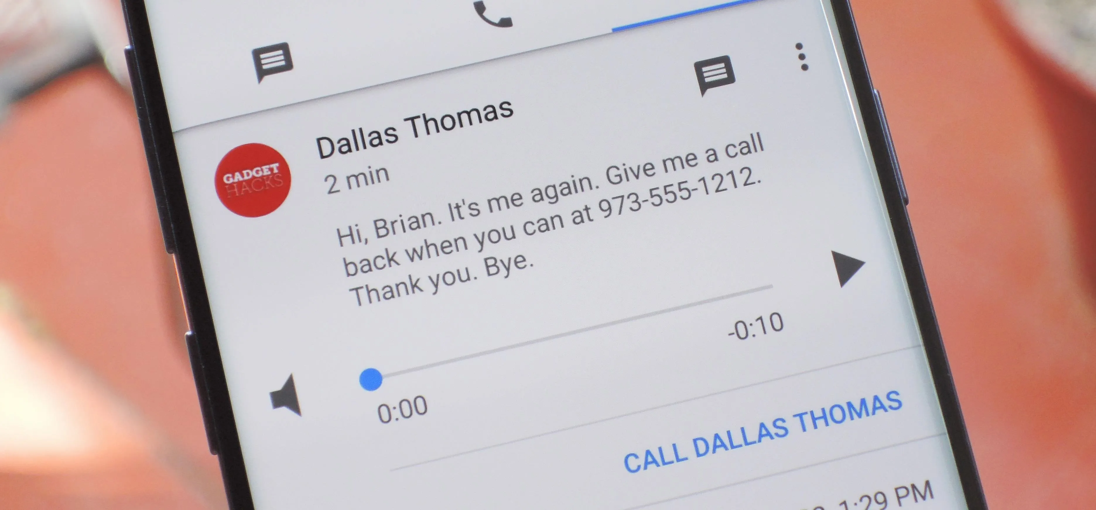 Voice message from Dallas Thomas on a smartphone screen.