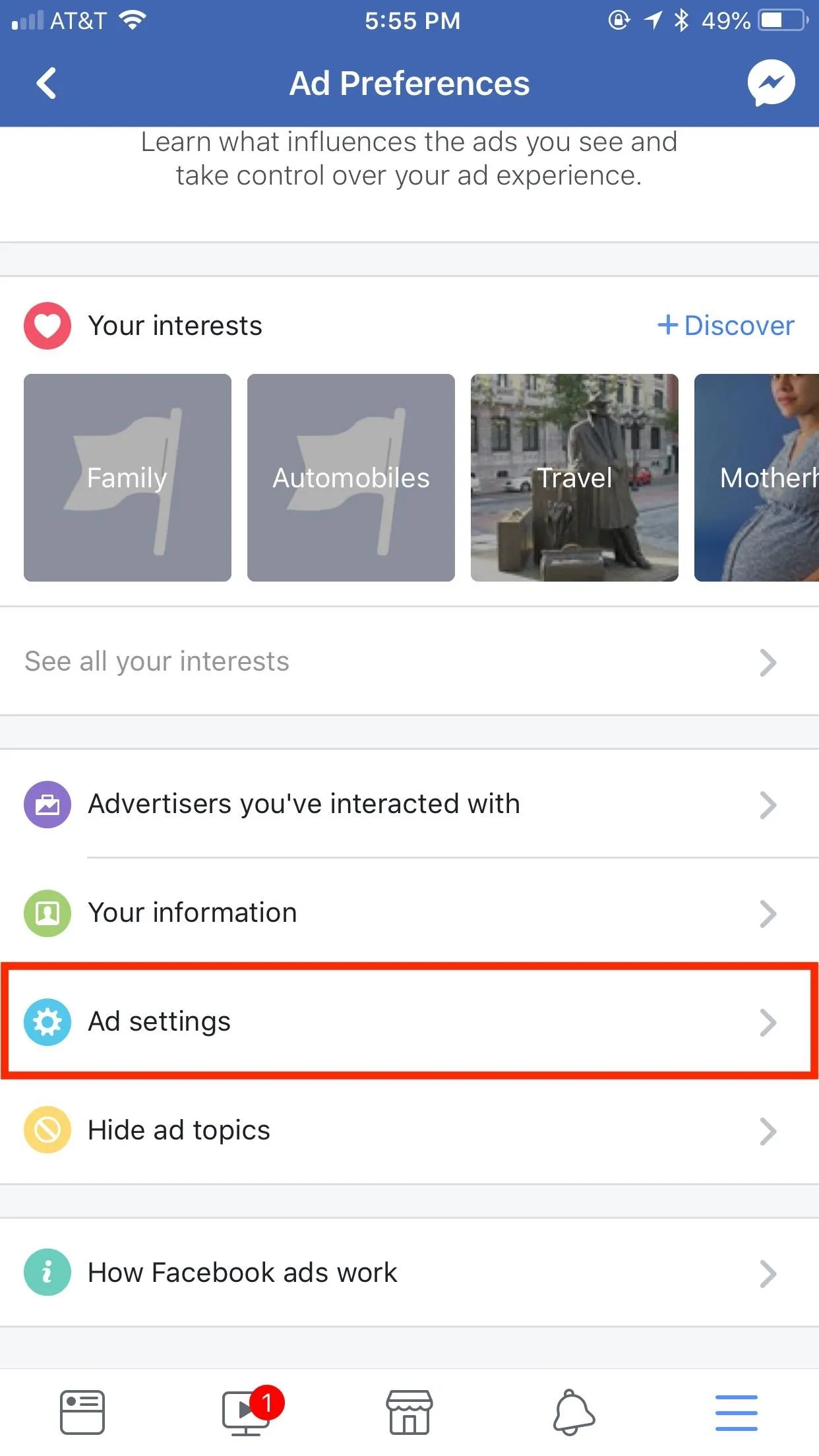 "Screenshot of Facebook app menu highlighting 'Ad Settings'"
