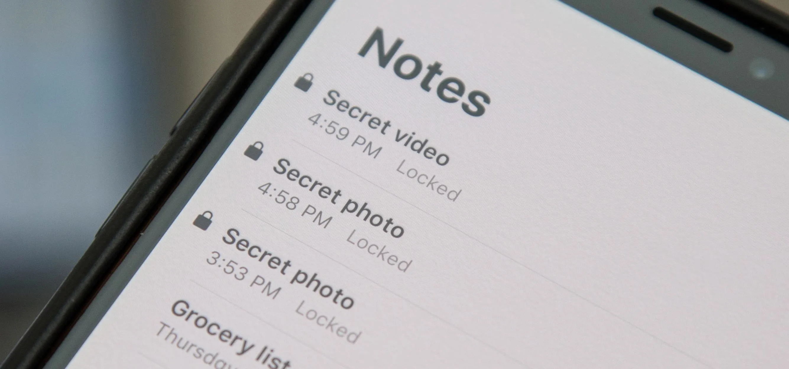 Notes app displaying secret video and photo entries along with a grocery list.