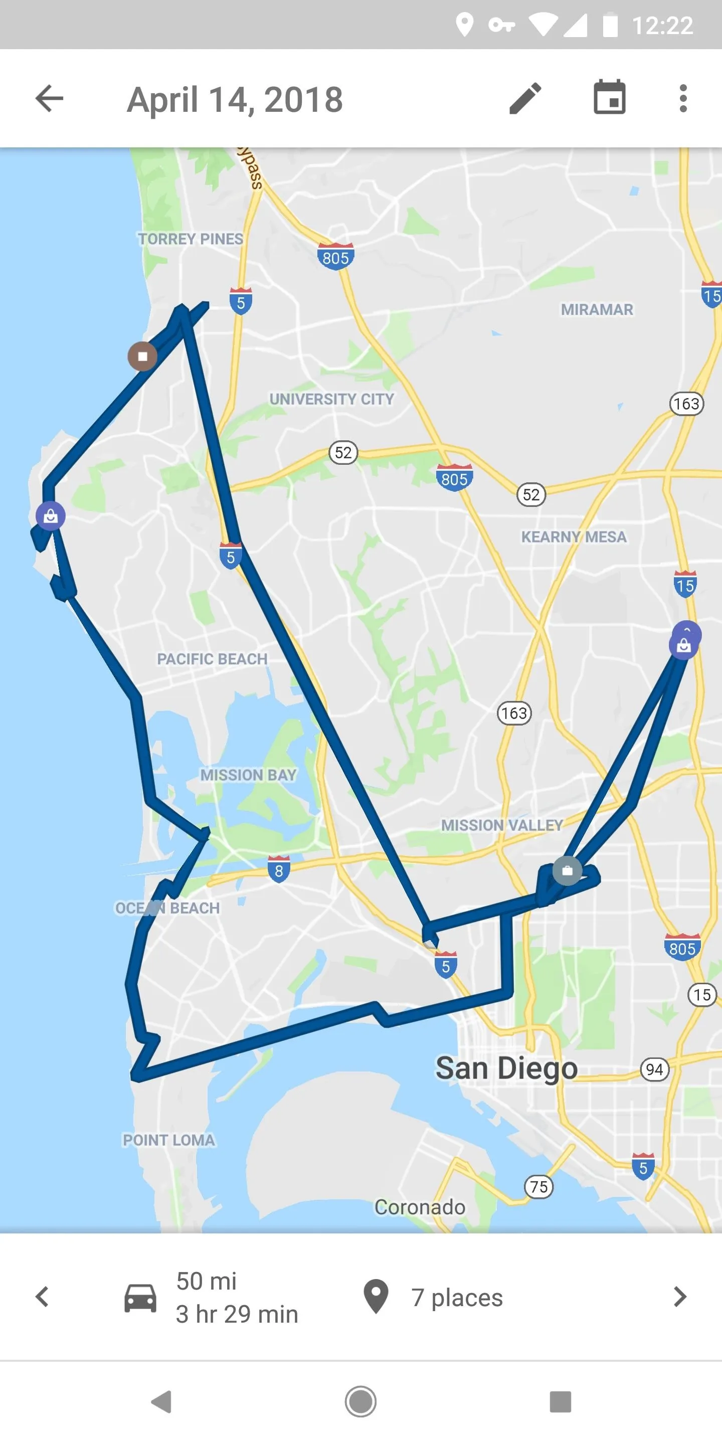Map showing a route in San Diego, California, with marked waypoints.