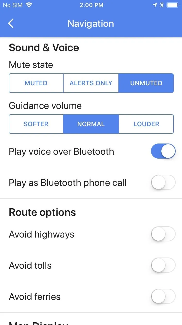 Navigation settings for sound and voice options on a mobile app.