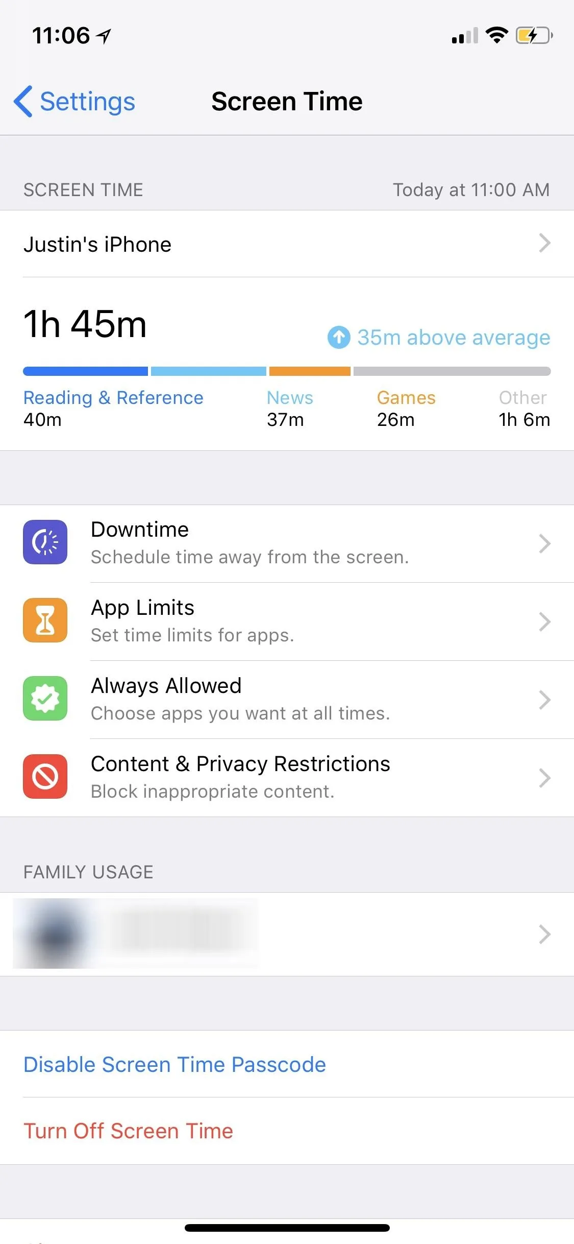 Screen time summary on an iPhone showing usage statistics and app categories.