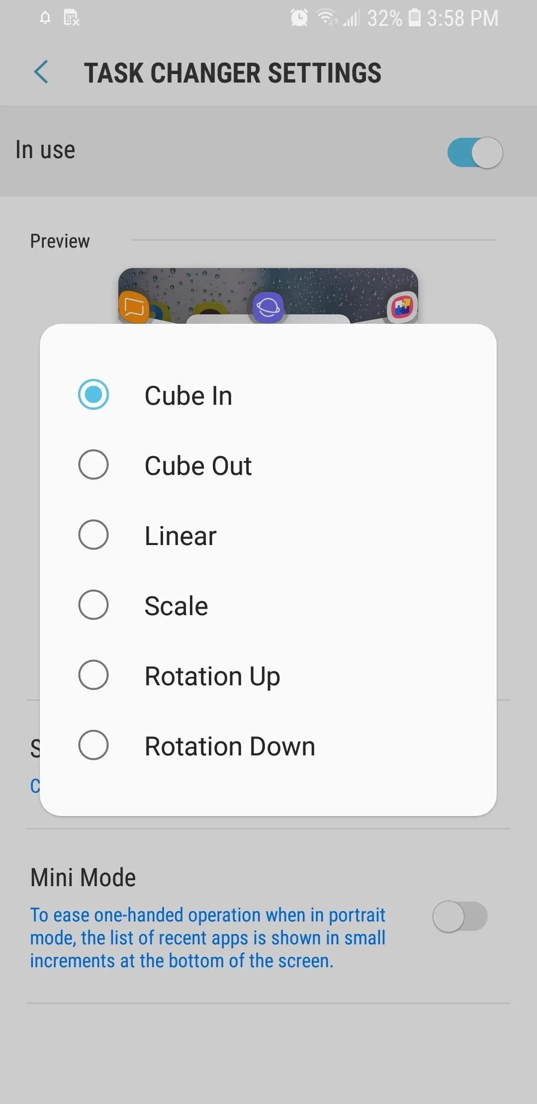 Color changer settings menu on a mobile device.