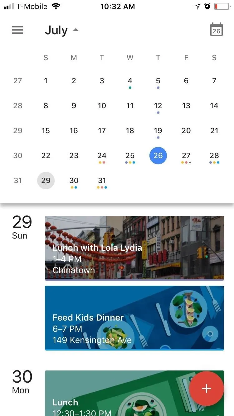 Calendar view for July showing event listings on the 29th and 30th.