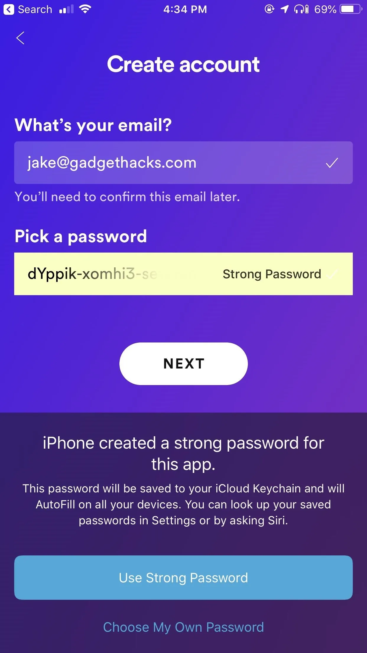 Create account screen on a mobile app with email and password fields.