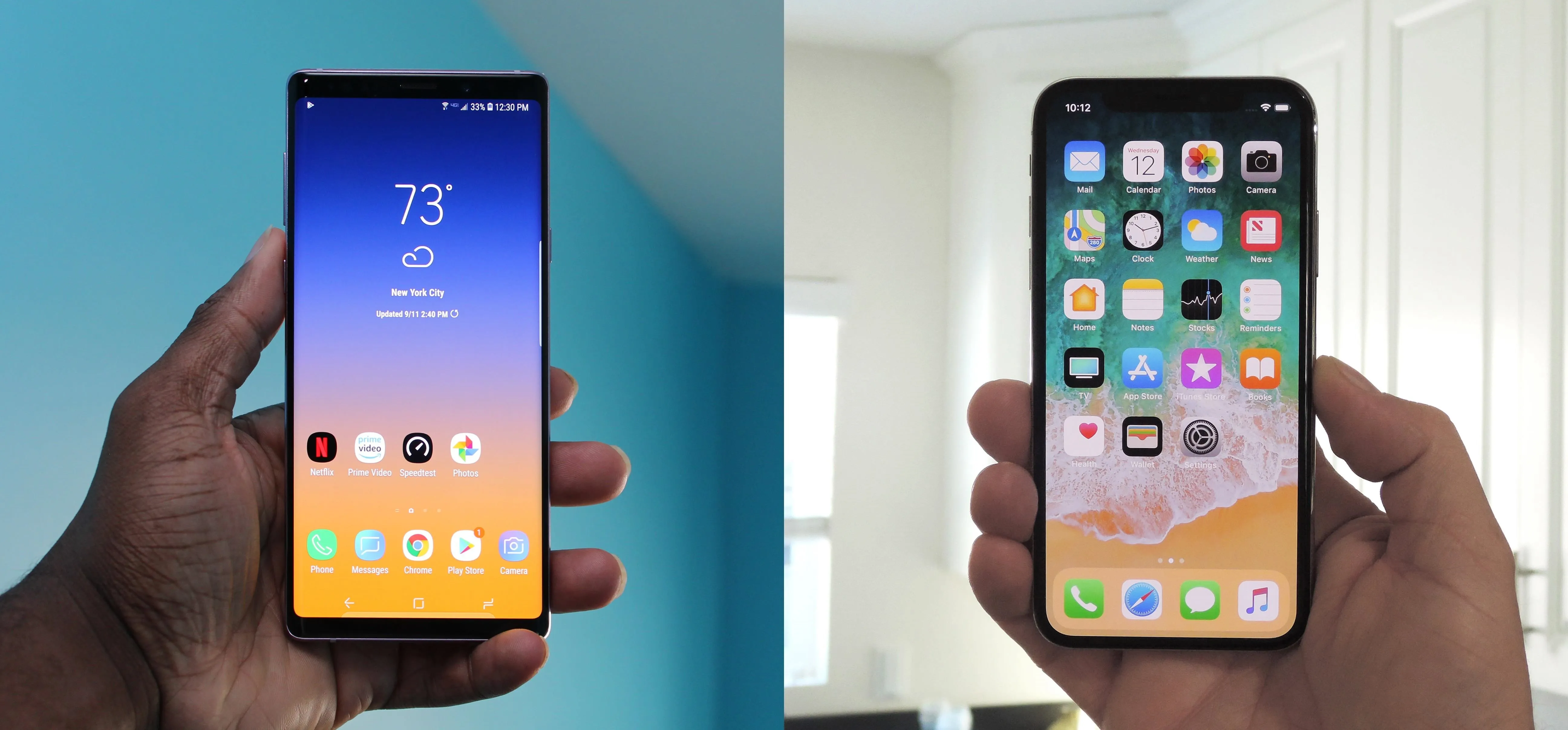 Smartphones held in hands, showcasing different user interfaces.