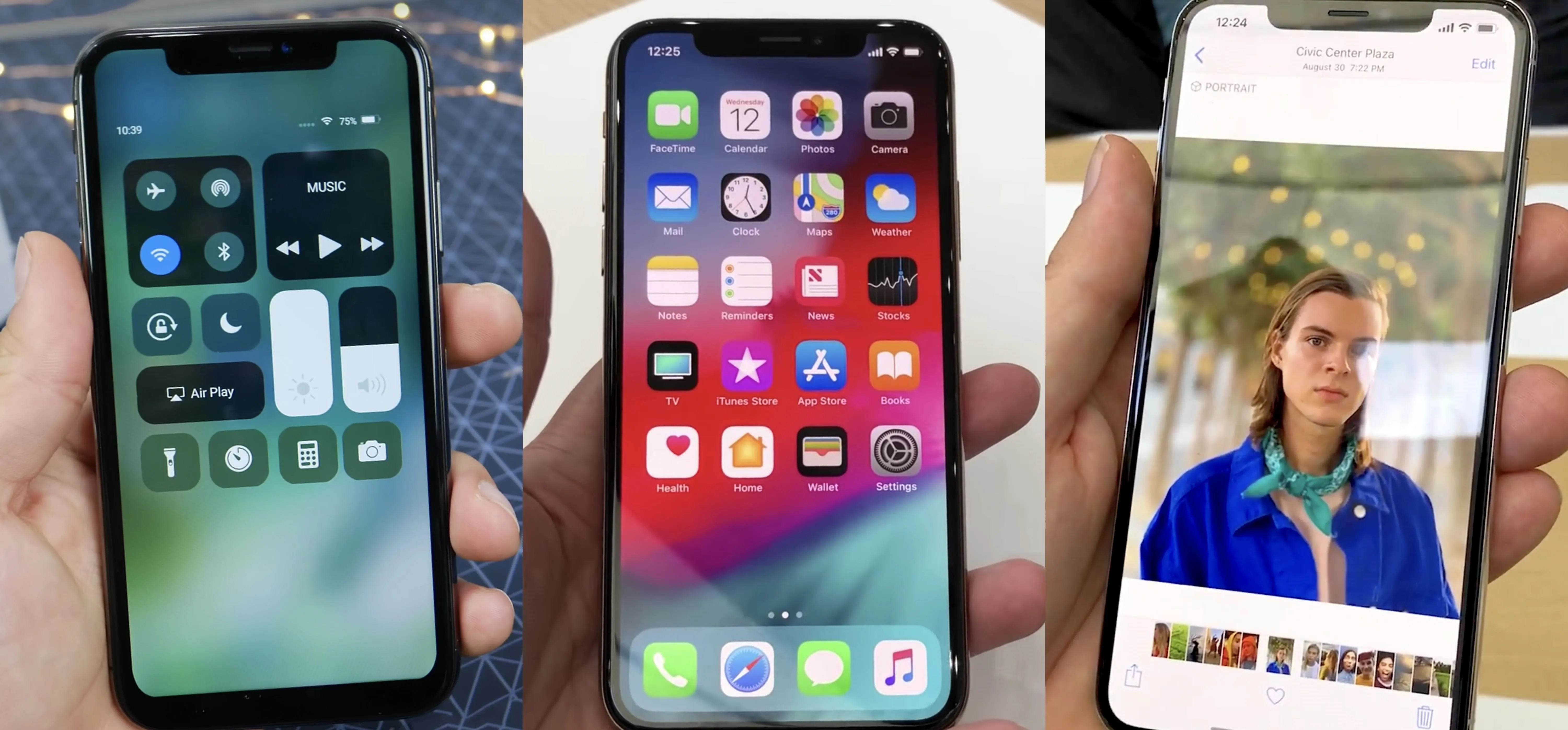 Smartphones displaying a control center, home screen, and a photo gallery.