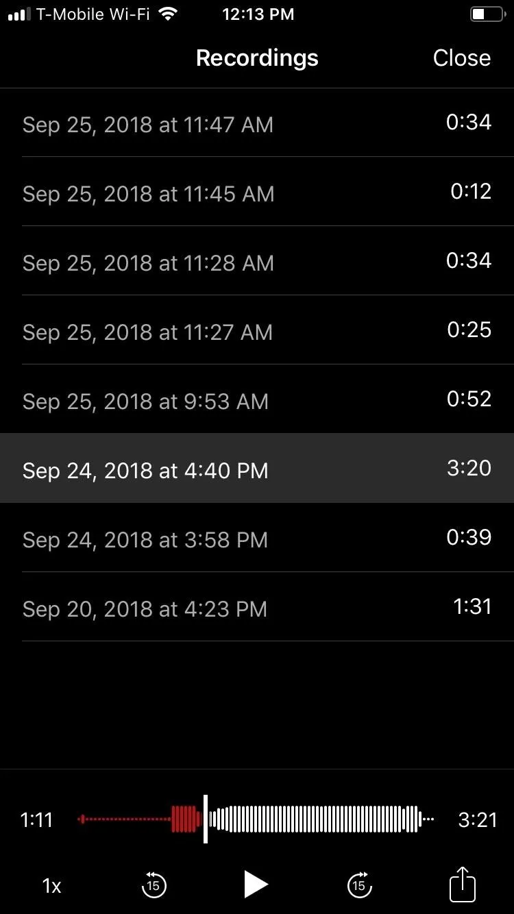 List of audio recordings with timestamps.
