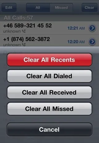 Phone call log interface displaying options to clear call records.