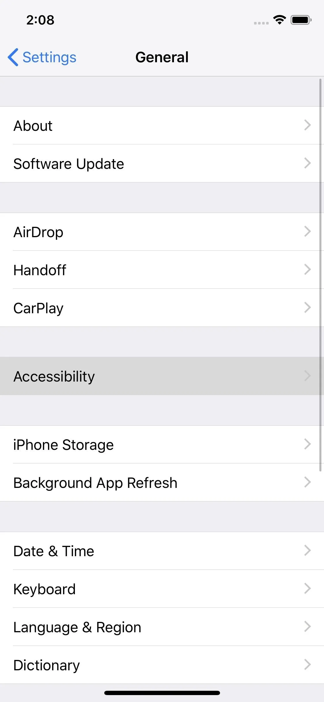 Settings menu options on a mobile device.