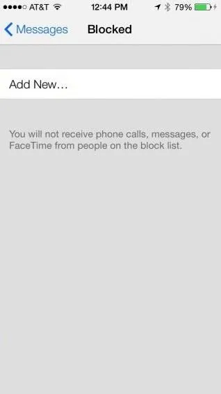 Blocked contacts screen on a smartphone.