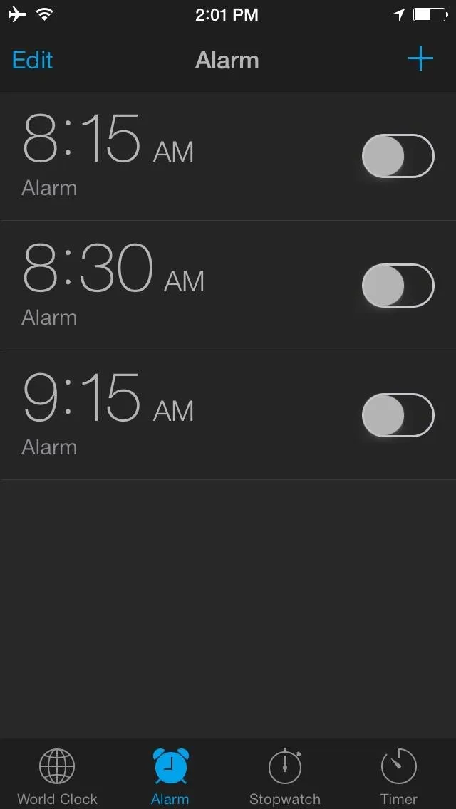 Alarm settings interface showing three alarms set for 8:15 AM, 8:30 AM, and 9:15 AM with toggle switches.