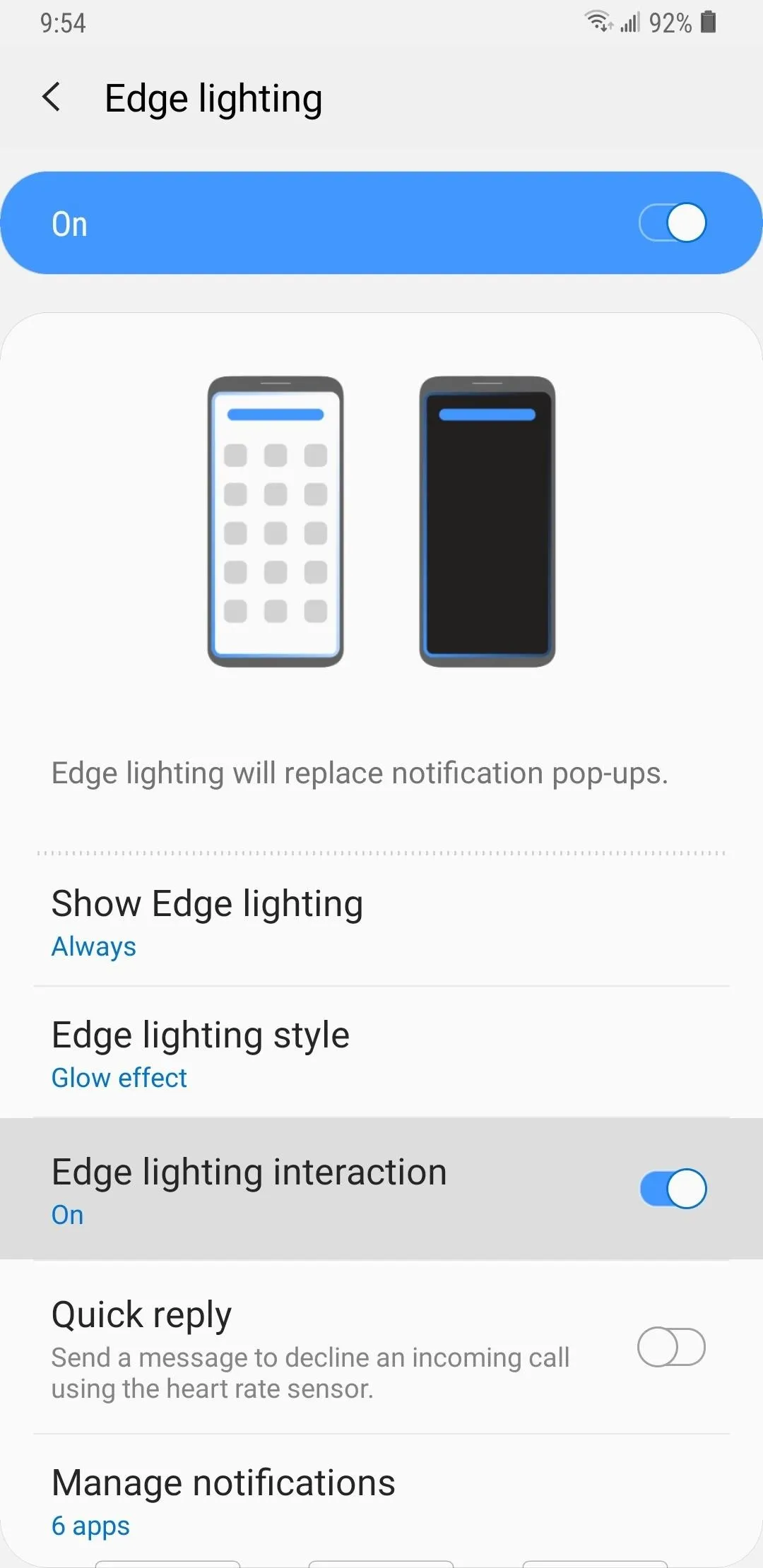 Edge lighting settings on a smartphone display.