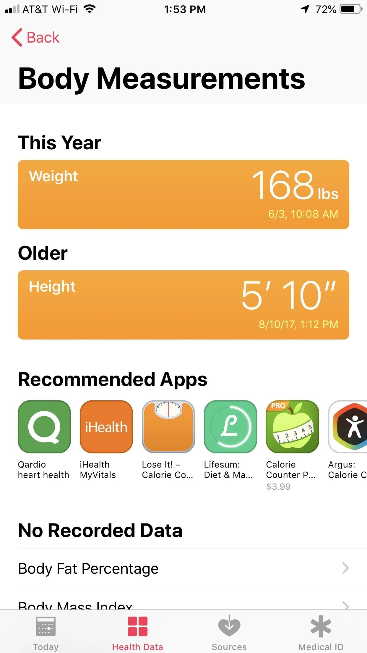 Body measurement app screenshot showing weight as 169 lbs and height as 5'10".