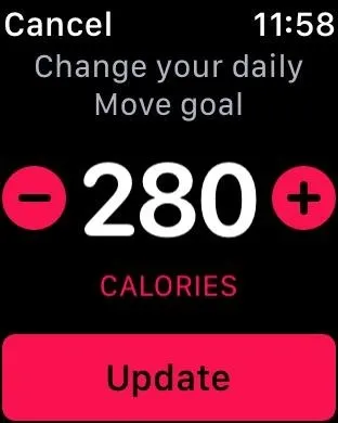 Daily calorie goal adjustment interface displaying a target of 280 calories.