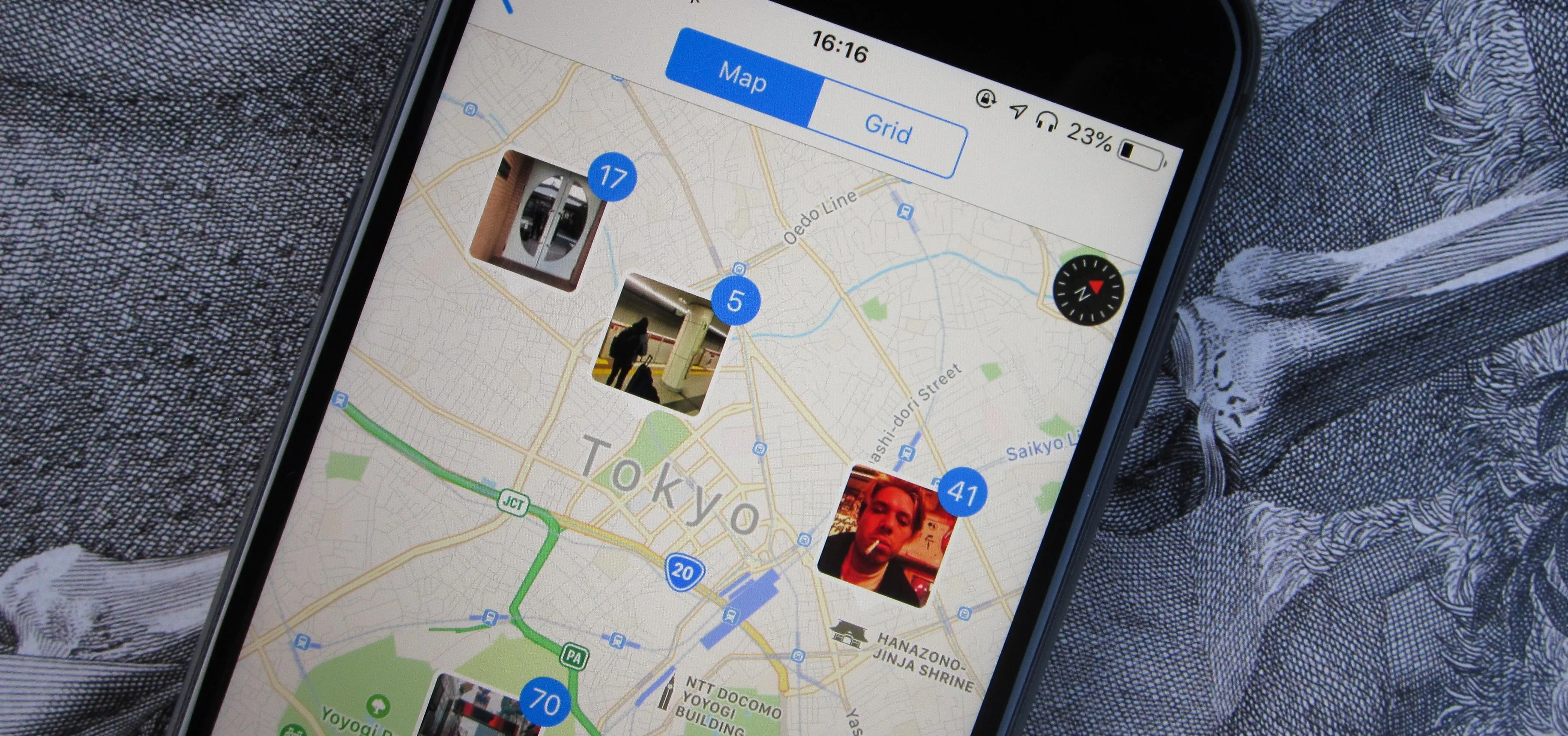 Map interface showing locations in Tokyo with images and icons.