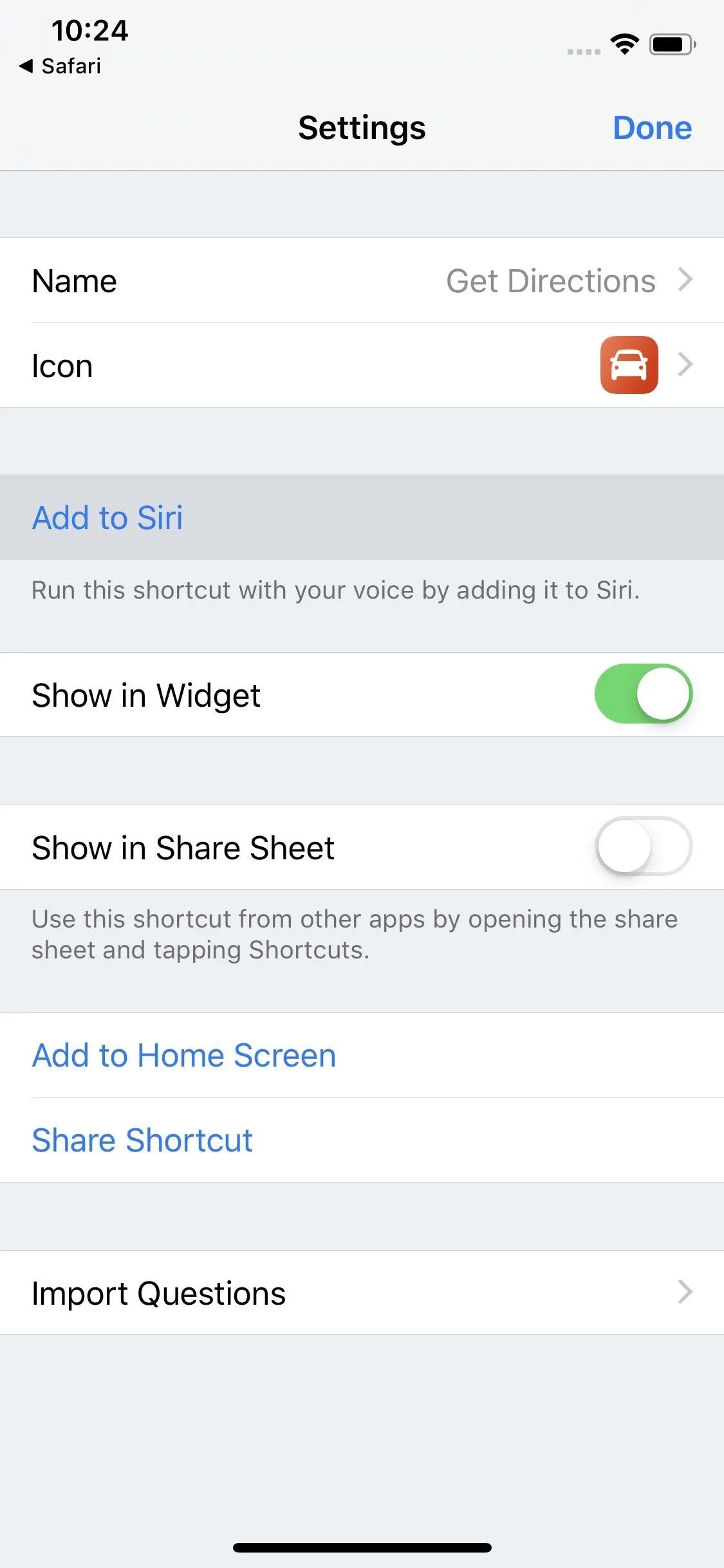 Settings menu on a smartphone with options for adding and managing widgets, home screen settings, and help.
