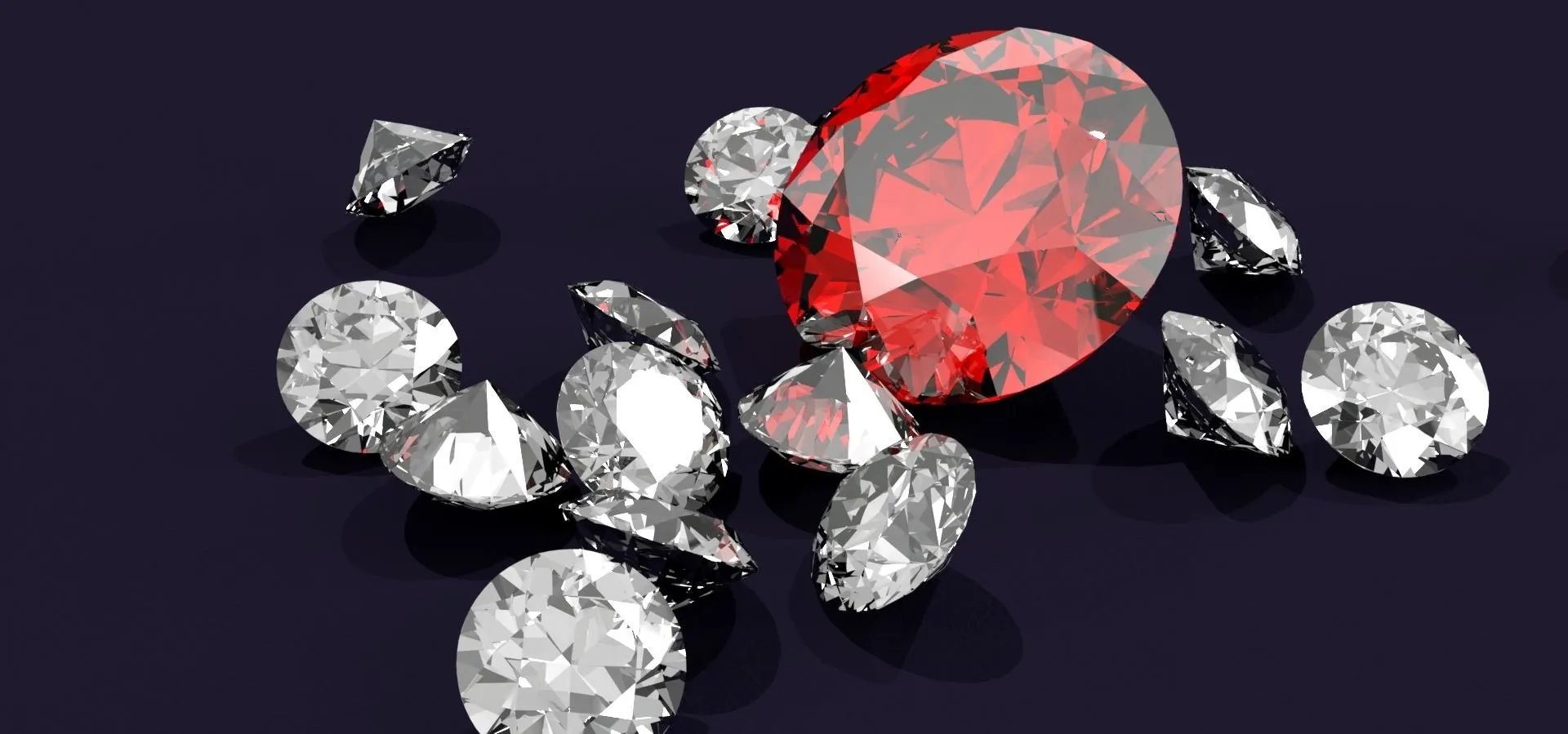 A collection of sparkling diamonds and a prominent red gemstone on a dark background.