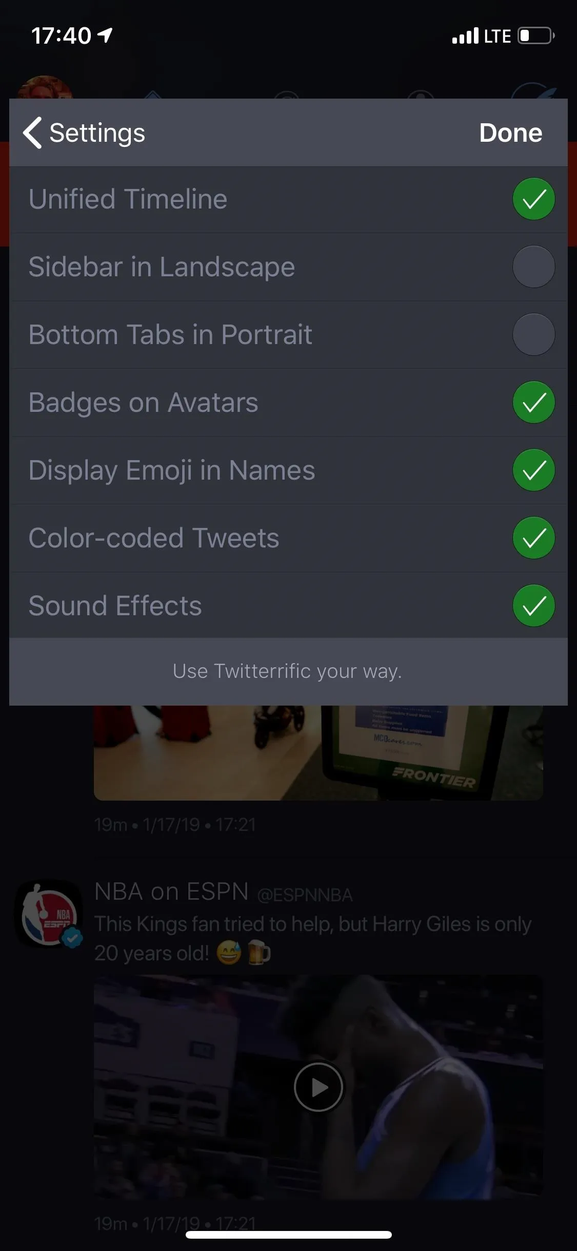 Settings menu with options for privacy and security features.