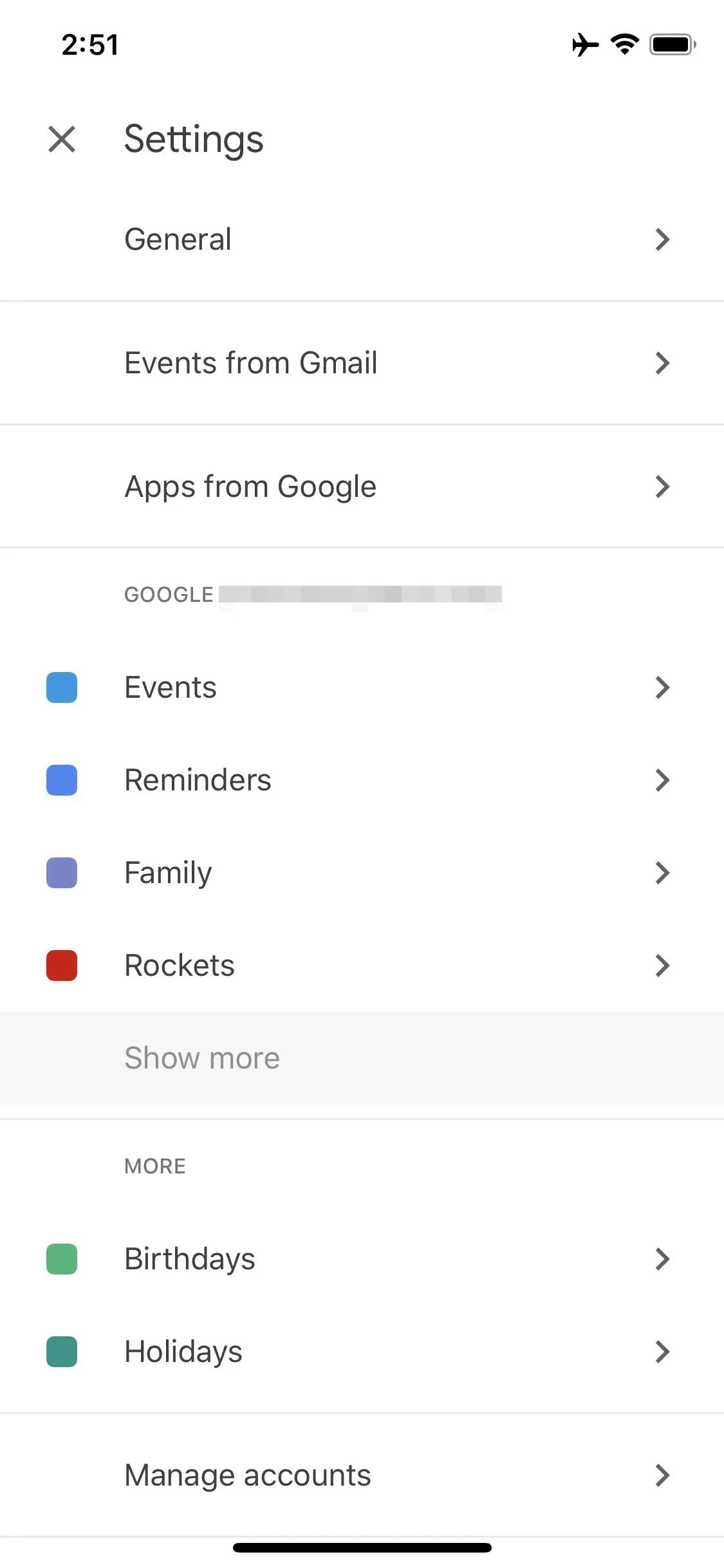 Settings menu options on a mobile app.