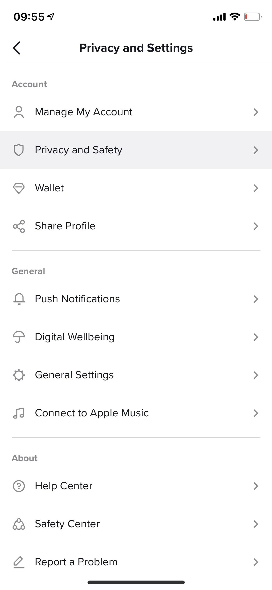 Settings menu for privacy and account management on a mobile device.