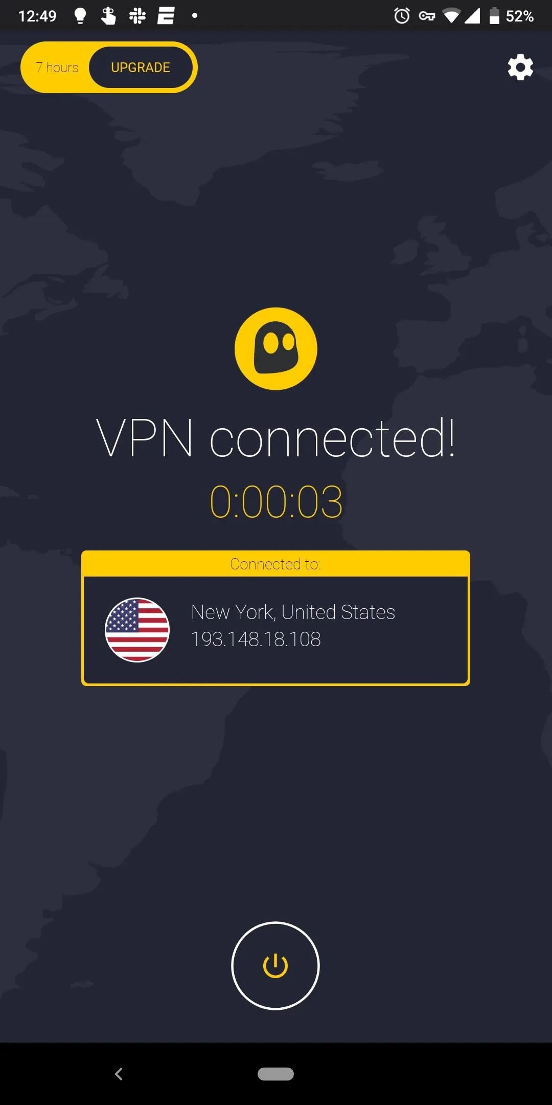 VPN connected status with United States server selected.