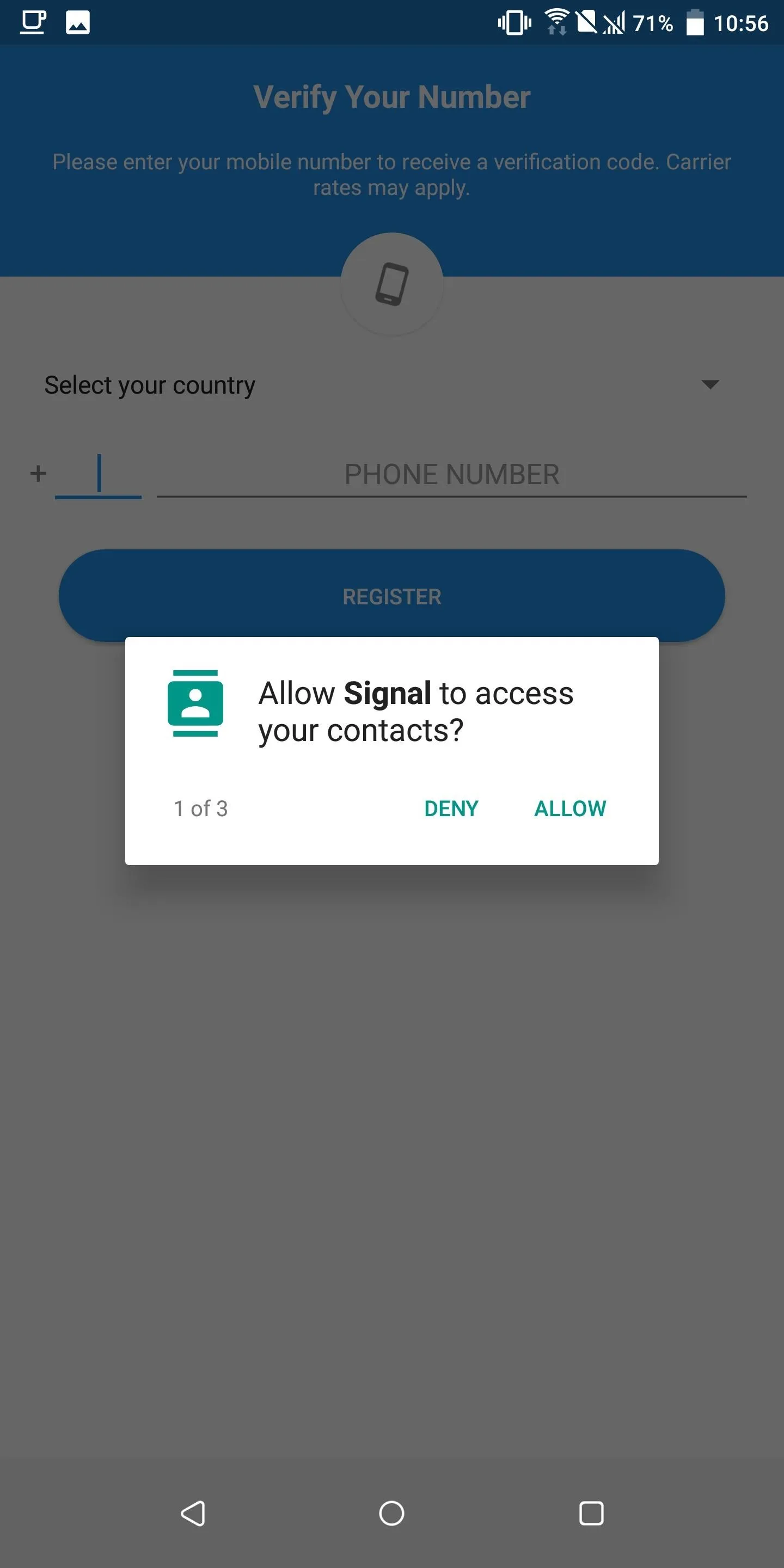 Authorization prompt for accessing contacts on a mobile app.