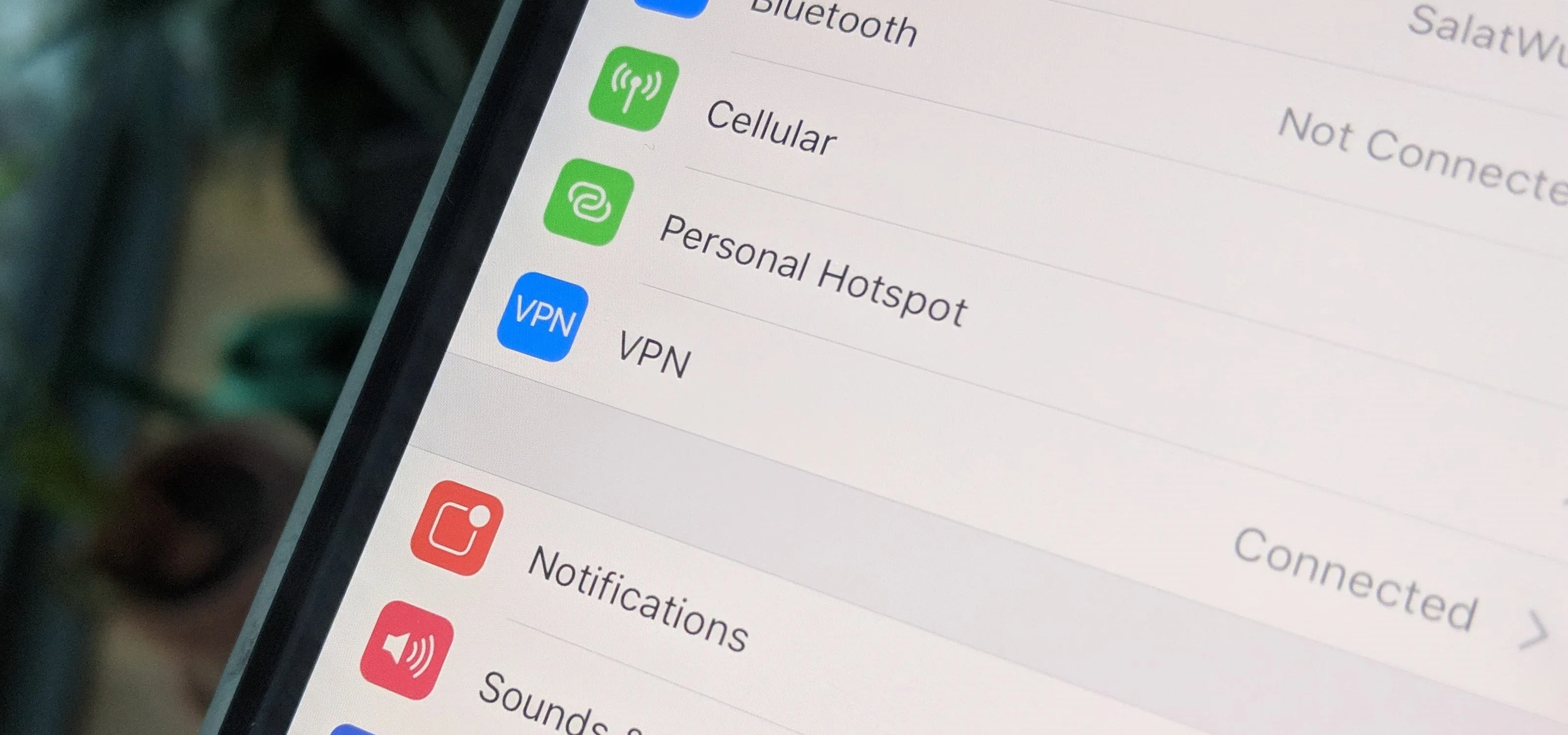Settings menu displaying options for Bluetooth, Cellular, Personal Hotspot, VPN, Notifications, and Sounds.