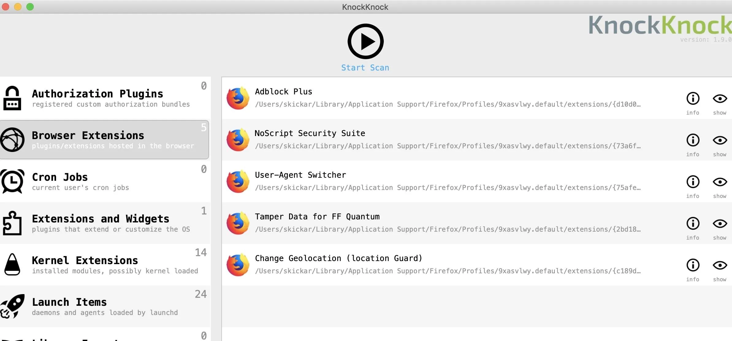 Screenshot of the KnockKnock application interface displaying various extensions and settings.