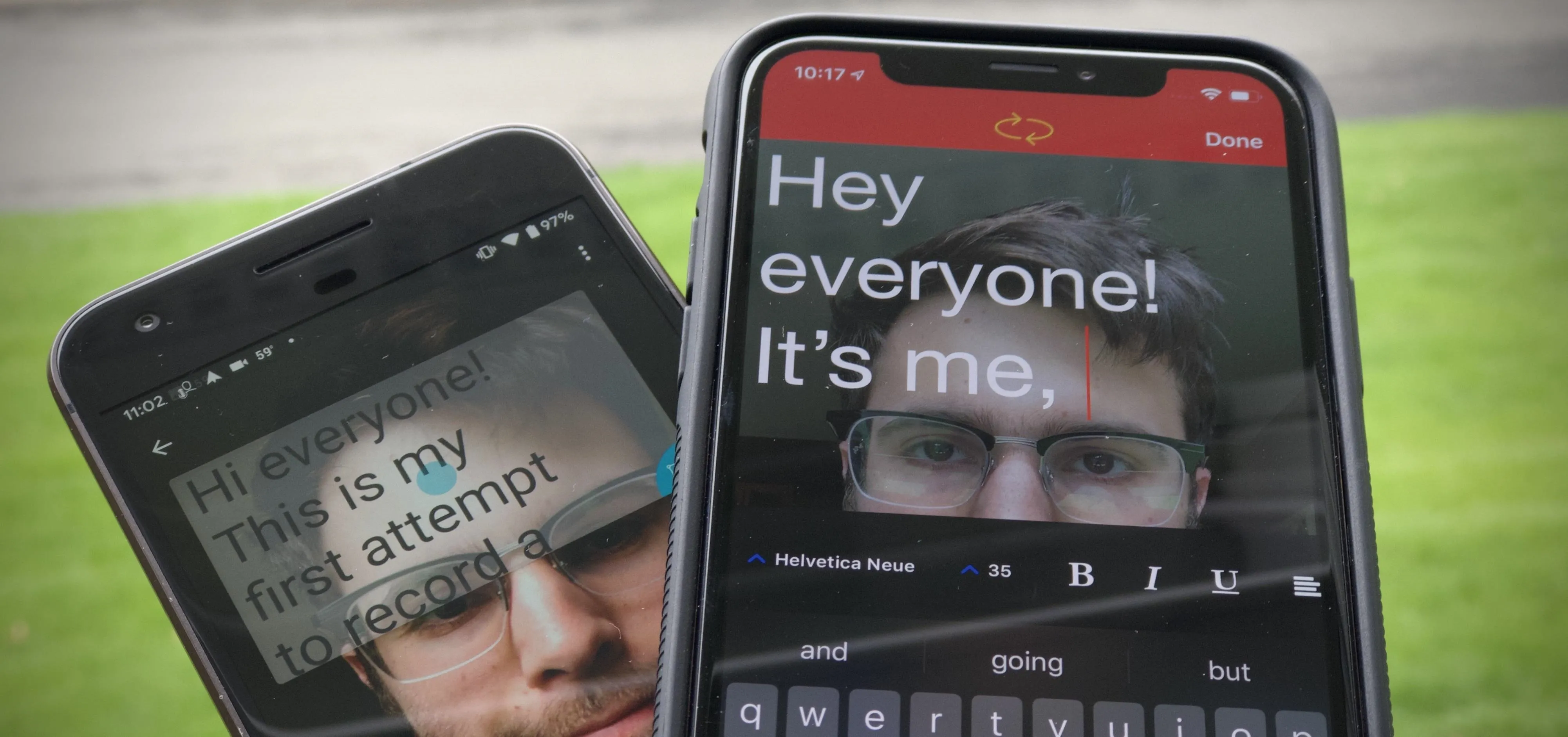 A close-up of two smartphones displaying text messages and a face.