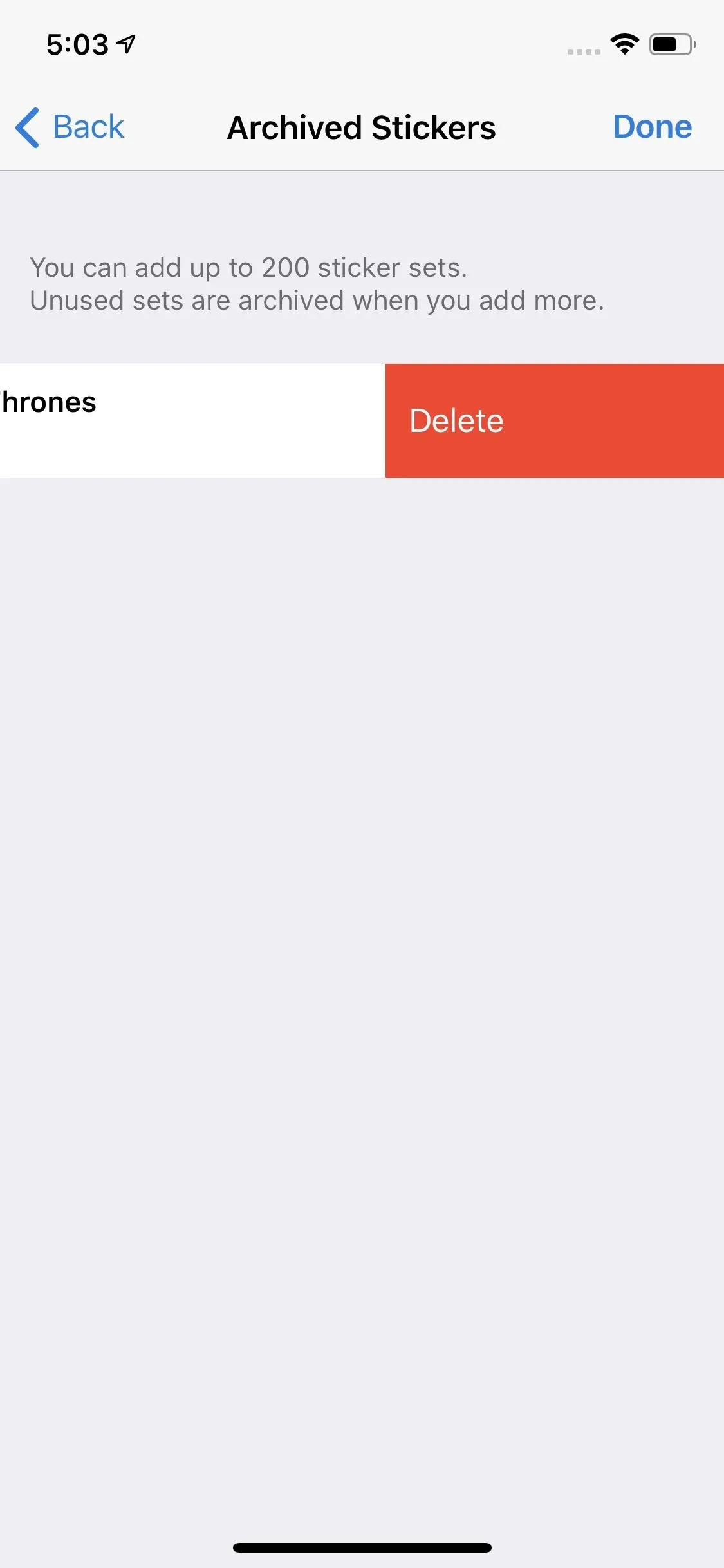 Archived stickers screen on a mobile app.