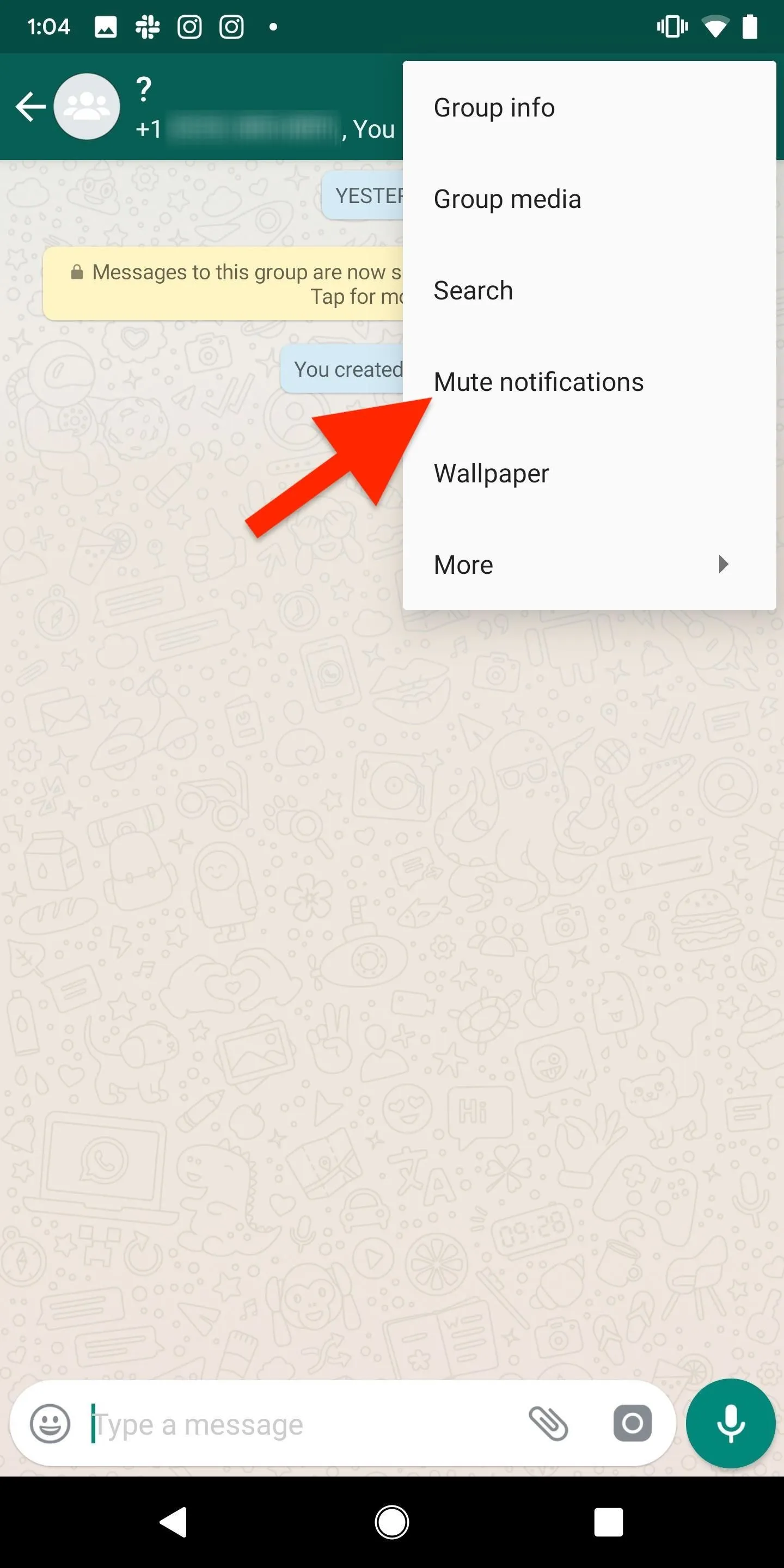 WhatsApp interface showing a dropdown menu with "Group info" highlighted.