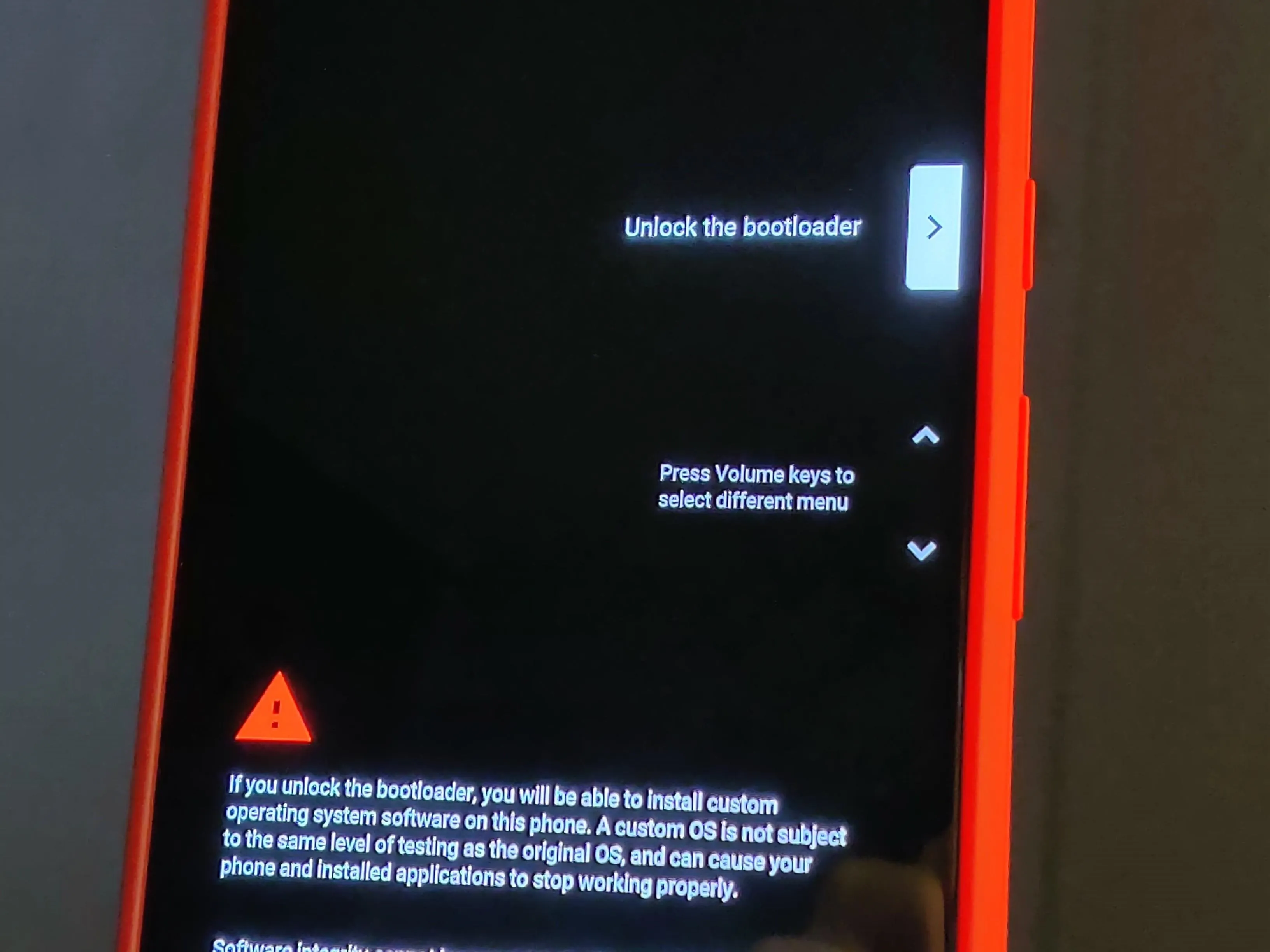 Mobile device screen displaying instructions for unlocking the bootloader.