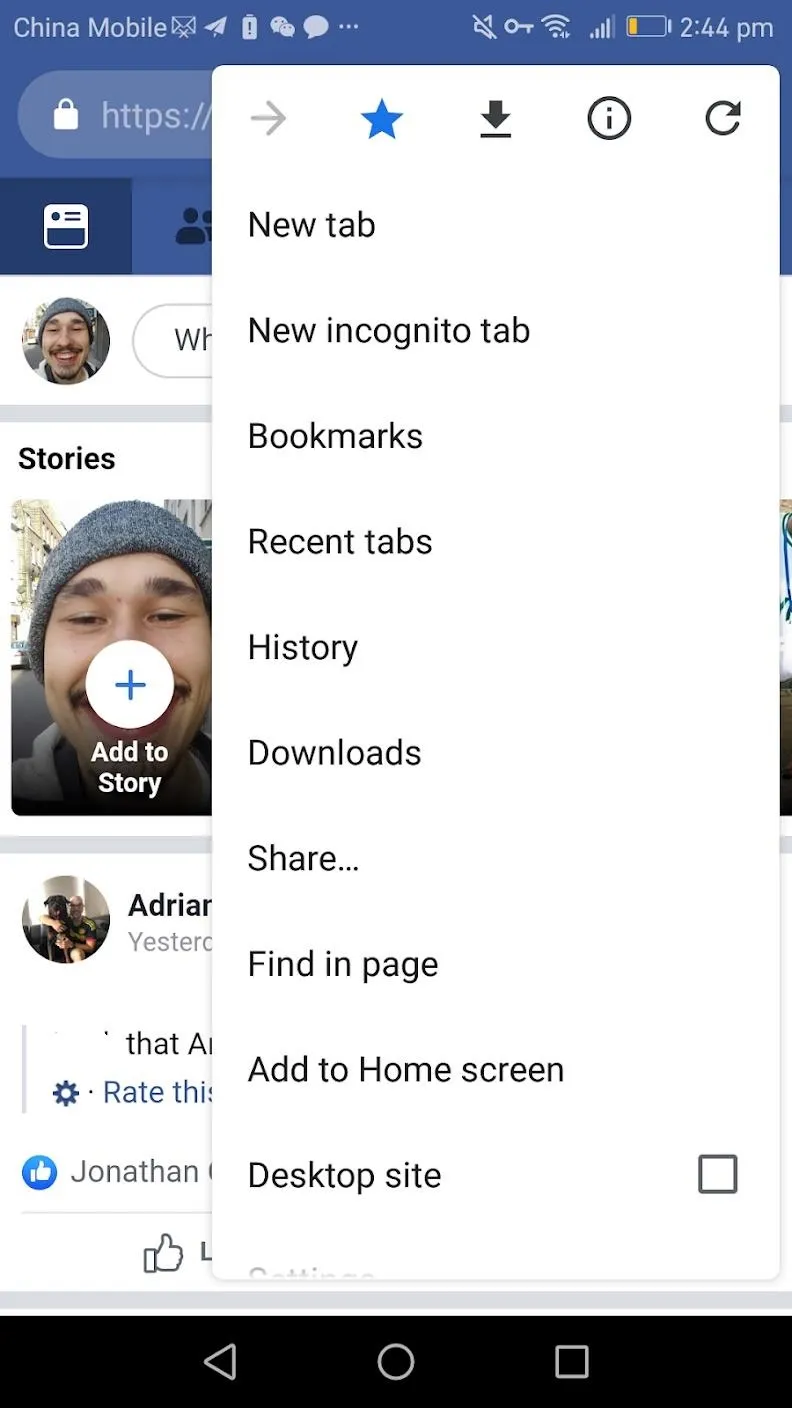 Menu options on a mobile web browser.