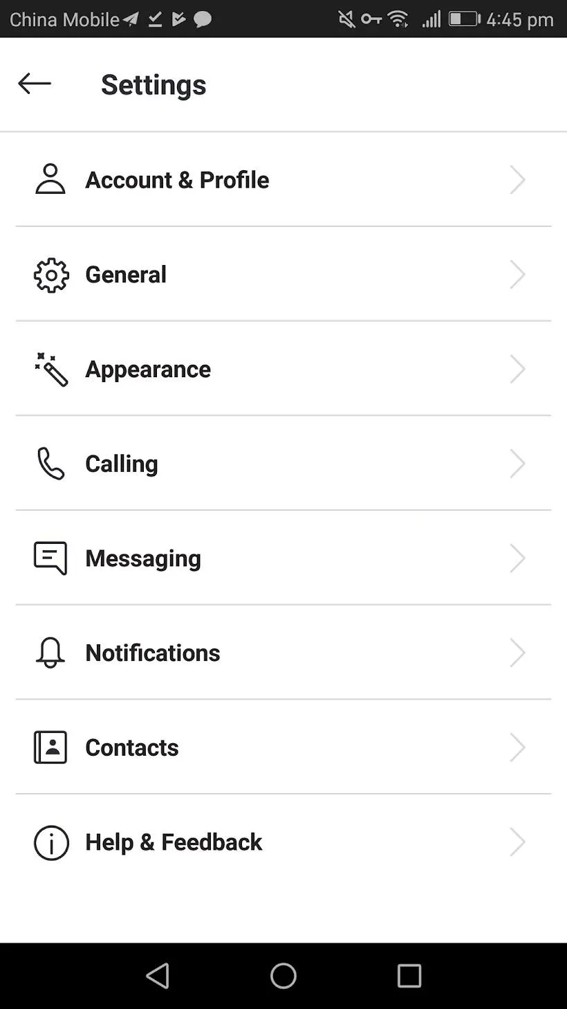 Settings menu options displayed on a mobile device.