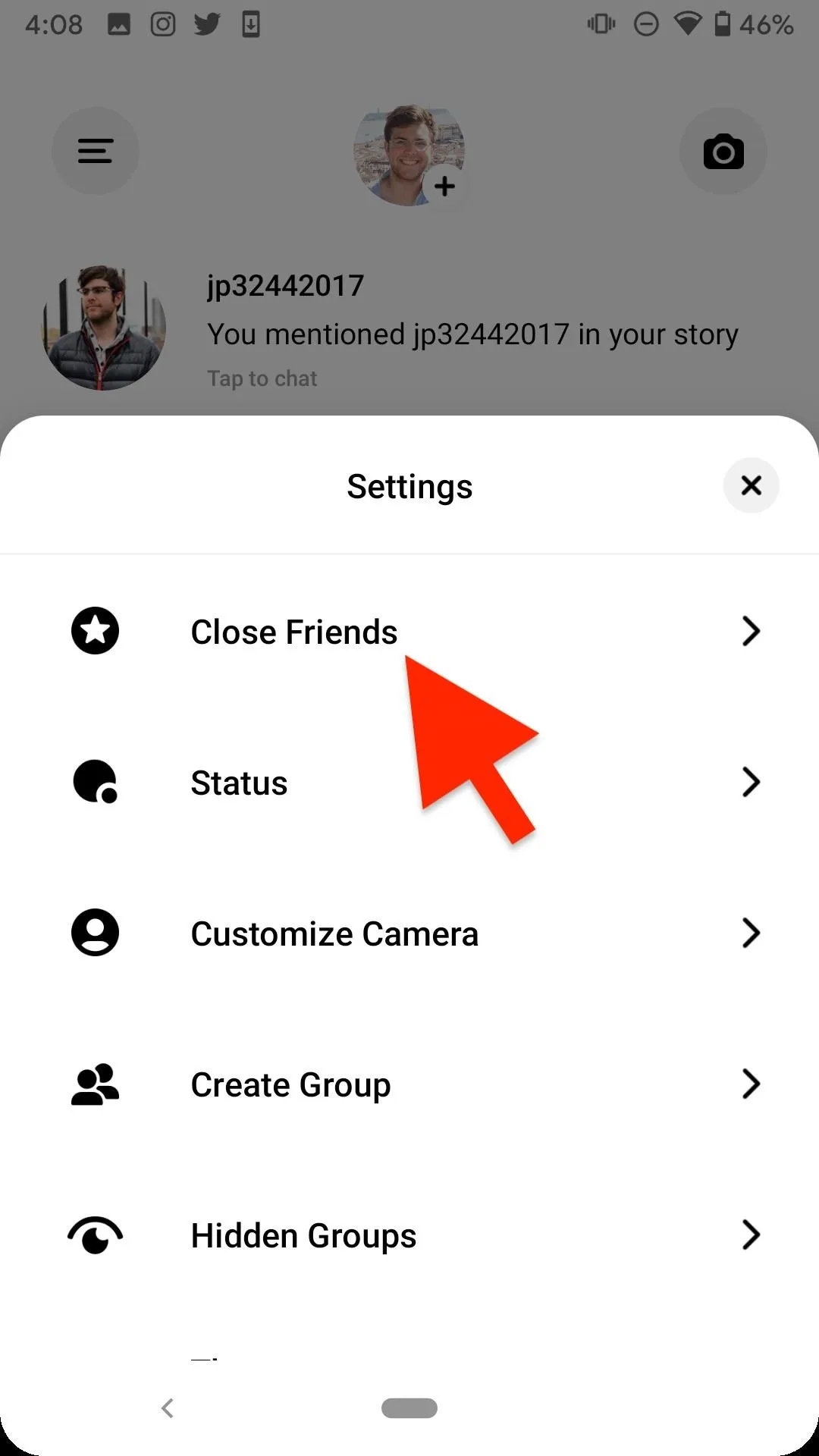 Settings menu with 'Close Friends' option highlighted.
