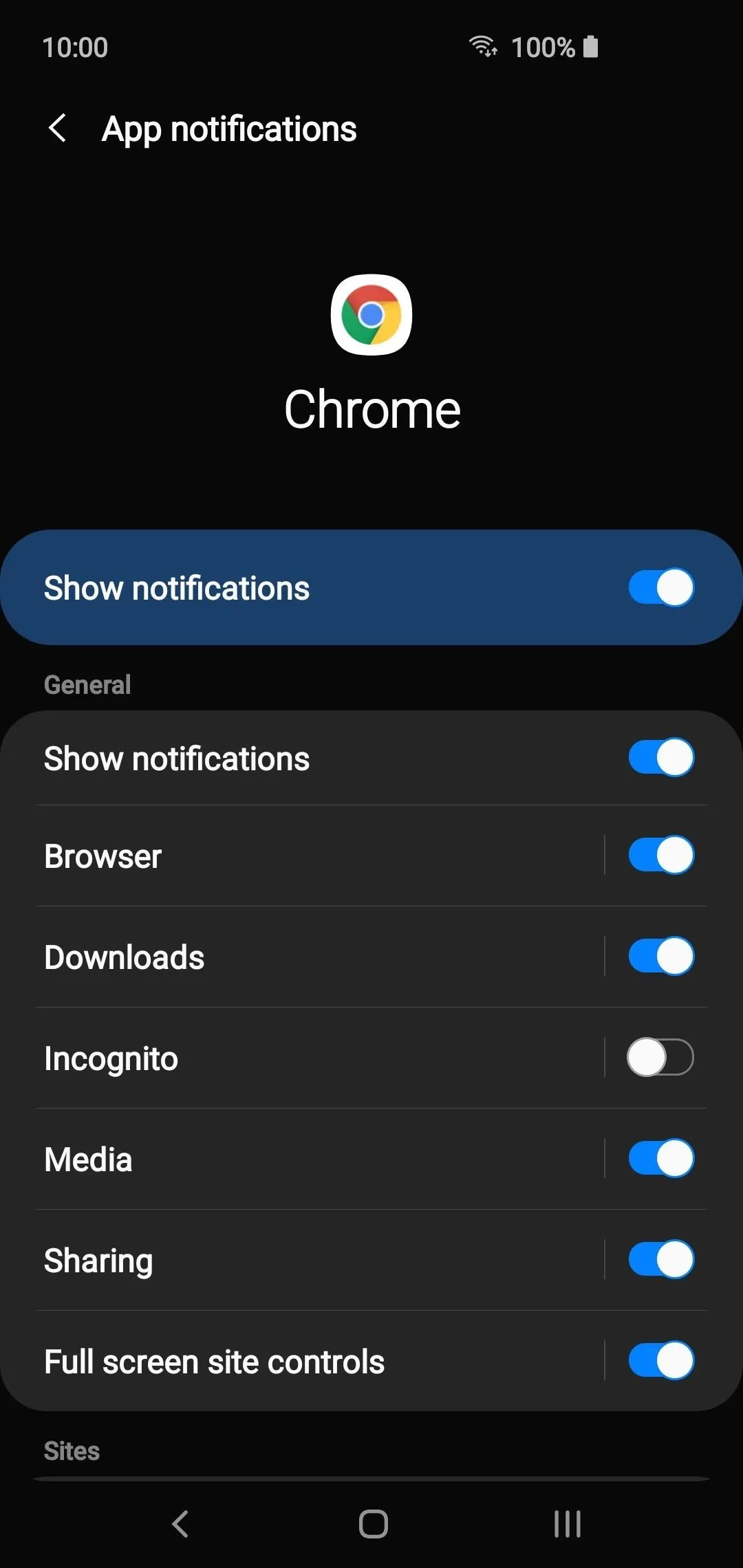 App notifications settings for the Chrome browser.