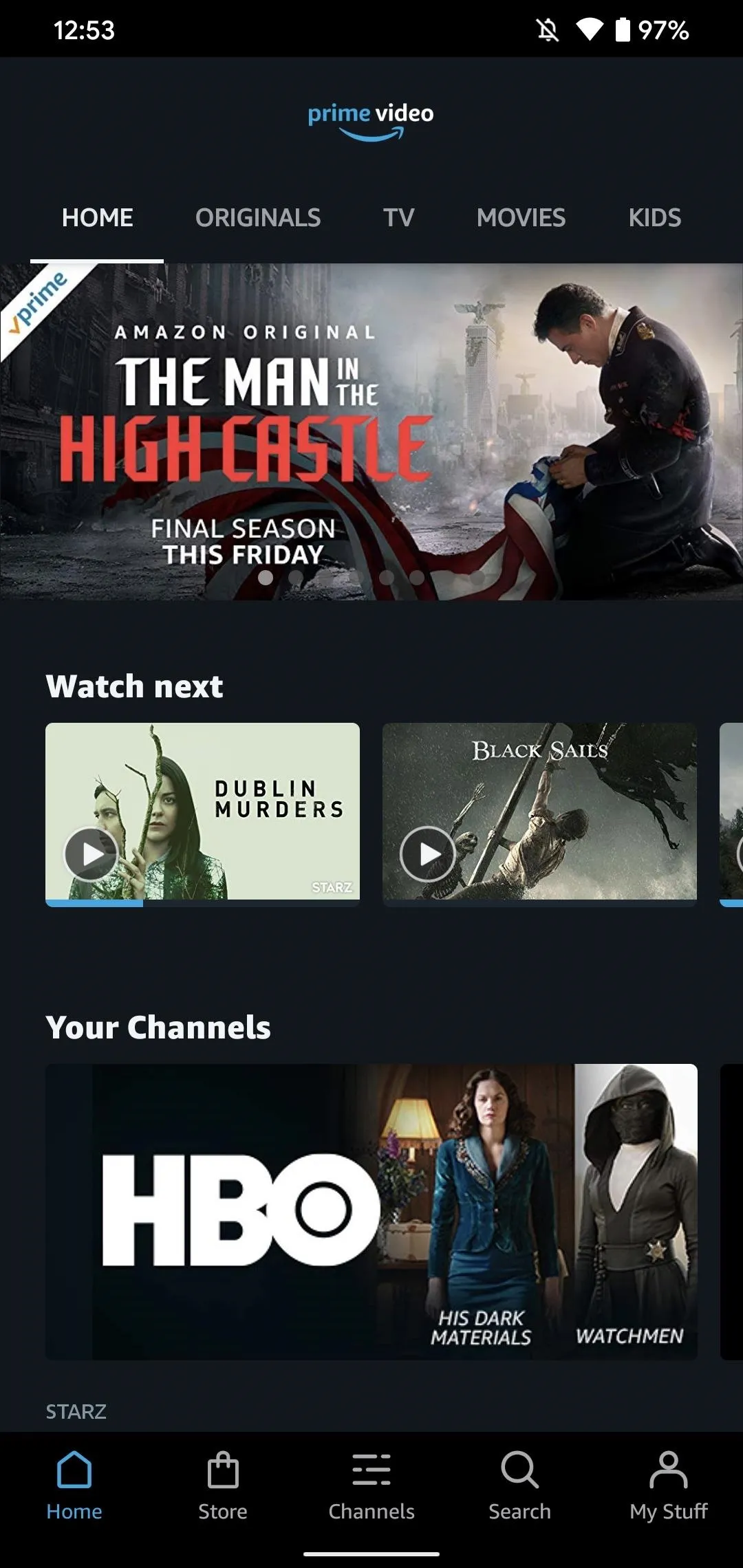 Streaming service homepage featuring promotions for "The Man in the High Castle" and the HBO channel.