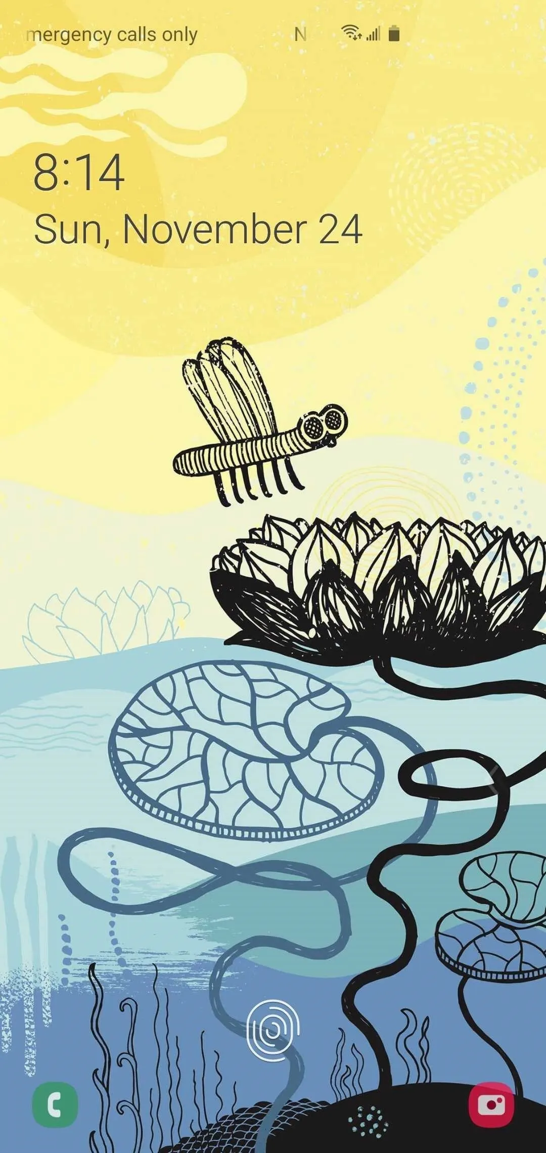 A dragonfly hovering over a stylized water lily in a tranquil aquatic landscape.