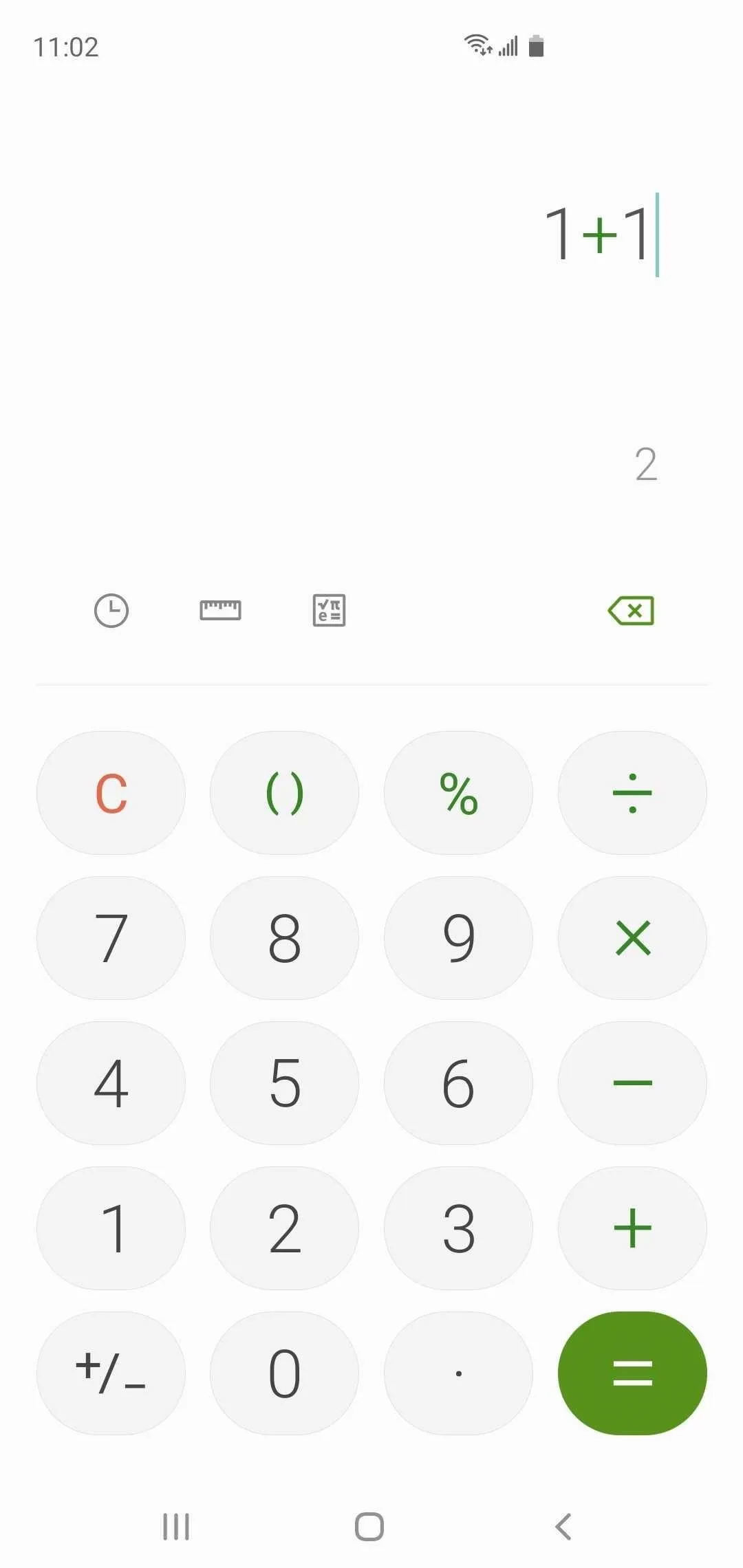 Calculator displaying the equation 1+1.