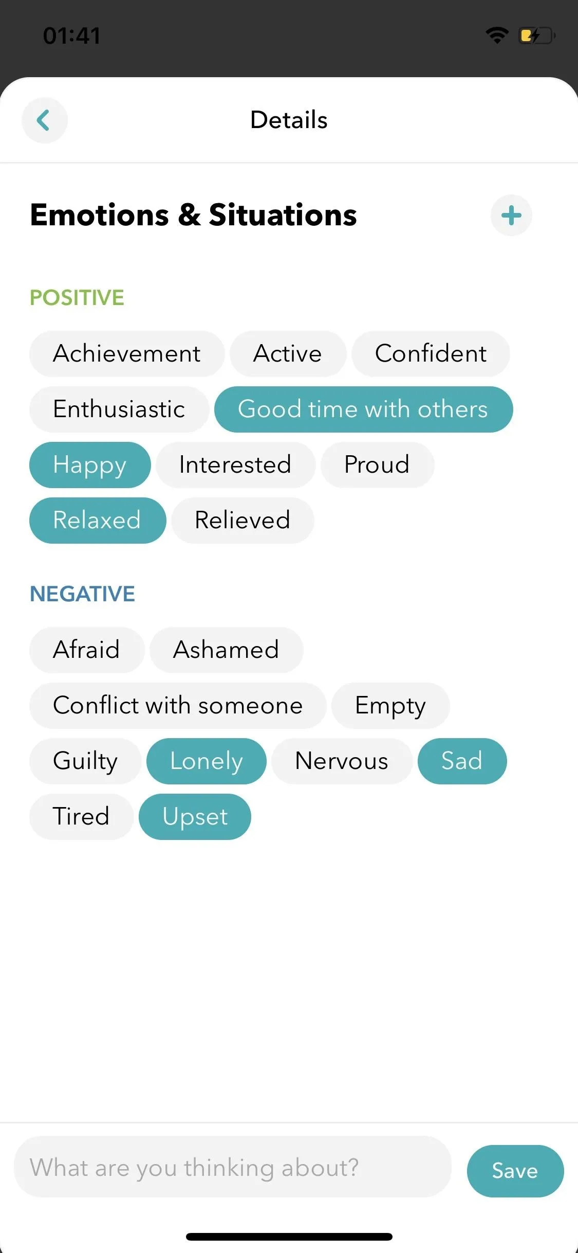 Emotion selection interface with options for various feelings and traits.