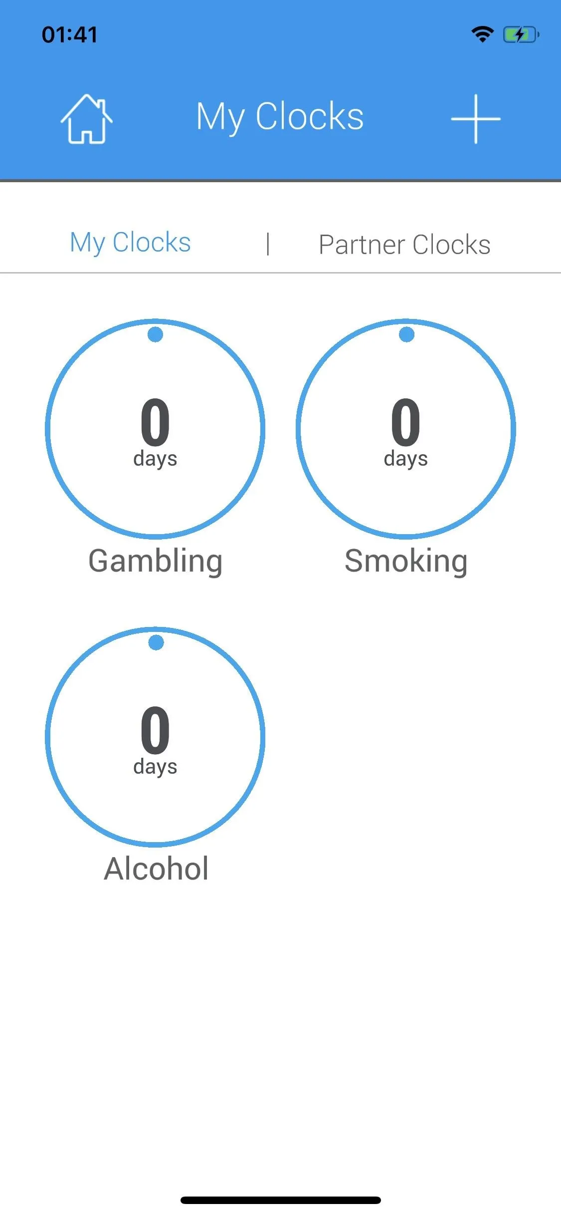 A mobile app interface displaying tracking categories for gambling, smoking, and alcohol with zero counts.