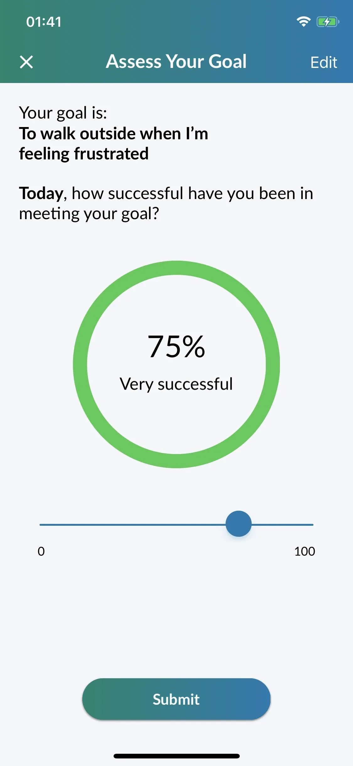 Progress tracker showing 75% completion towards a personal goal with a prompt to assess achievements.